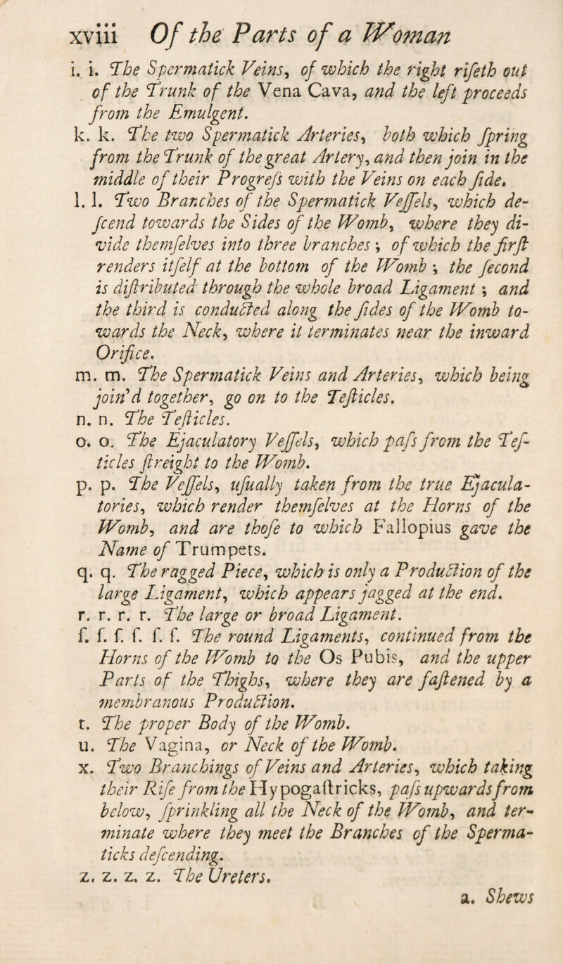 i. i. The Spcrmatick Veins, of which the right rifeth out of the 'Trunk of the Vena Cava, and the left proceeds from the Emulgent. k. k. The two Spermatick Arteries, both which fpring from the Trunk of the great Artery, and then join in the middle of their Progrefs with the Veins on each fide, l. 1. Two Branches of the Spermatick Vefjels, which de¬ fend towards the Sides of the Womb, where they di¬ vide thetnfelves into three branches \ of which the fir ft renders itfelf at the botto?n of the Womb \ the fecond is diftributed through the whole broad Ligament; and the third is conduced along the fides of the Womb to¬ wards the Neck, where it terminates near the inward Orifice. m. m. The Spermatick Veins and Arteries, which being join'd together, go on to the Tefticles. n. n. The Tefticles. o. o. The Ejaculatory Veffels, which pafs from the Tef¬ ticles freight to the Womb. p. p. The Veffels, ufually taken from the true Ejacula- tories, which render themfehes at the Horns of the Womb, and are thofe to which Fallopius gave the Name of Trumpets. q. q. The ragged Piece, which is only a Production of the large Ligament, which appears jagged at the end. r. r. r. r. The large or broad Ligament. f. f. f. f. f. f. The round Ligaments, continued frotn the Horns of the Womb to the Os Pubis, and the upper Parts of the Thighs, where they are faftened by a membranous Production. r. The proper Body of the Wornb. u. The Vagina, or Neck of the Womb. x. Two Branchings of Veins and Arteries, which taking their Rife from the Hypogaftricks, pafs upwards from below, fprinkling all the Neck of the Womb, and ter¬ minate where they meet the Branches of the Spenna- ticks defending. z« z. z. z. The Ureters. a. Shews