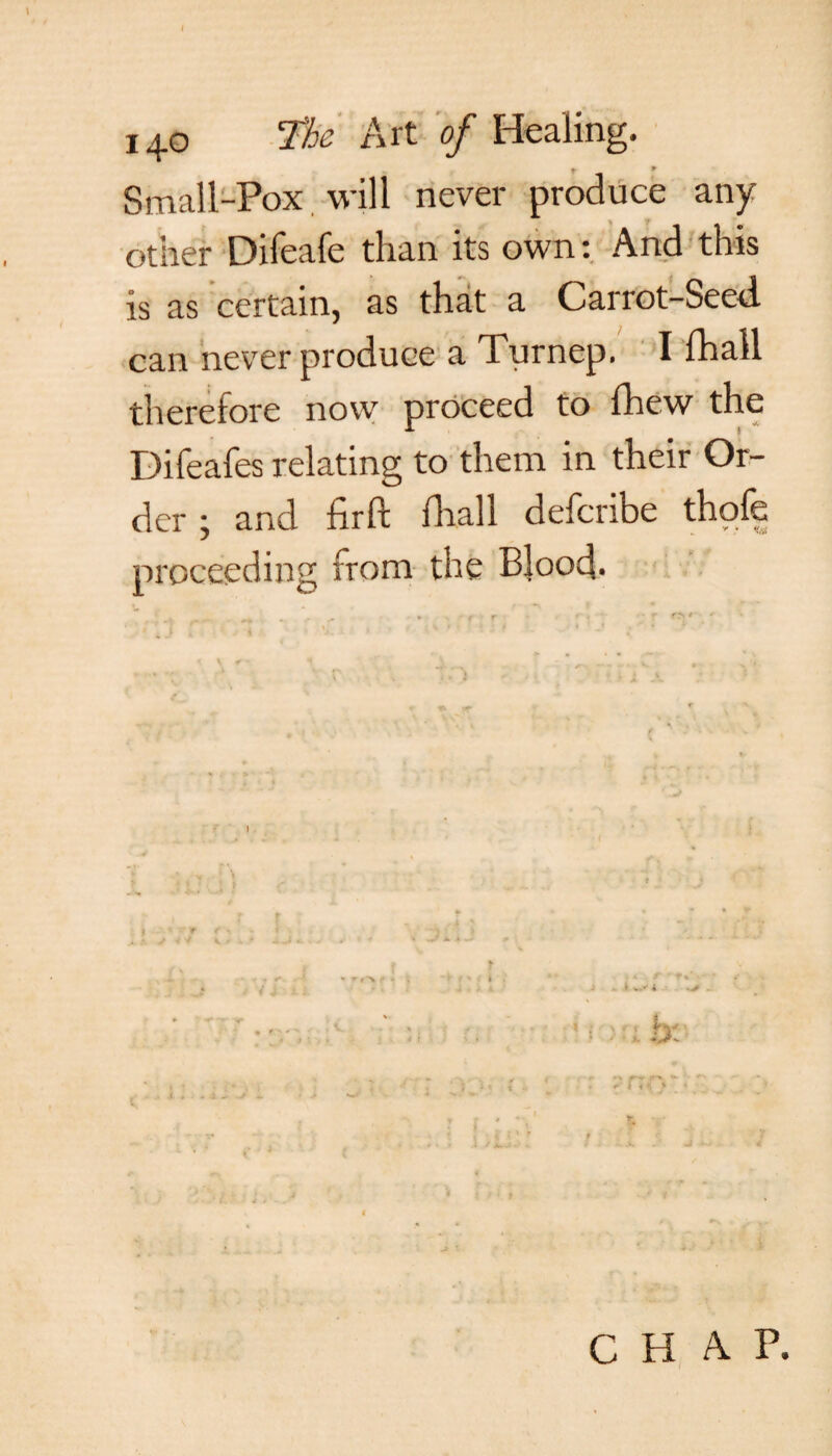 140 The Art of Healing. Small-Pox will never produce any other Difeafe than its own: And this is as certain, as that a Carrot-Seed can never produce a Turnep. I fhall therefore now proceed to fhew the Difeafes relating to them in their Or¬ der ; and fir ft fhall defcribe thofe proceeding from the Blood. 4 J CHAP.