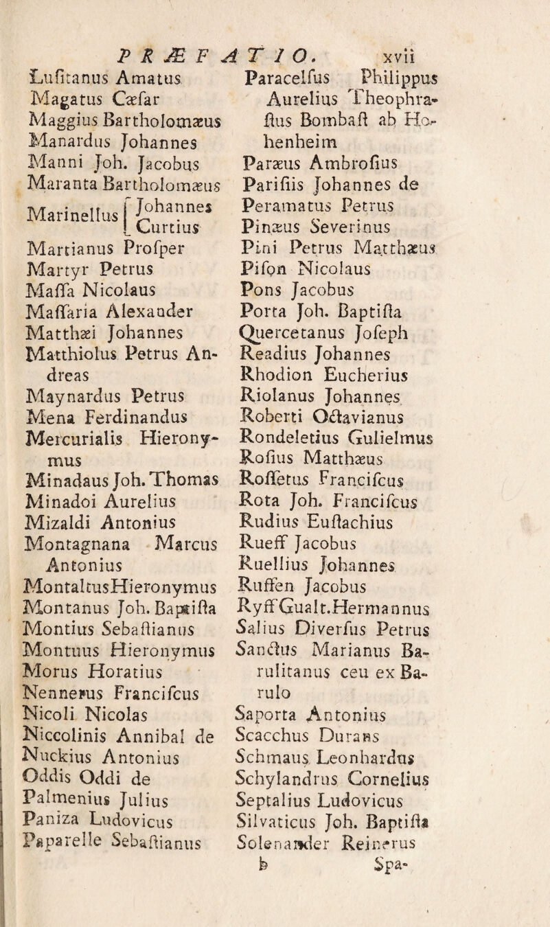 Lufitanus Amatus Maga tus C^far Maggius Bartholomaeus Manardus Johannes Manni Joh. Jacobus Ma tanta Bartholomasus Marineltus [ J^^^annes |_ Curtius Marrianus Profper Martyr Petrus MaBa Nicolaus MafTaria Alexander Matthaei Johannes Matthiolus Petrus An- dreas Maynardus Petrus Mena Ferdinandus Mercurialis Hierony^ mus Minadaus Joh. Thomas Minadoi Aurelius Mizaldi Antonius Montagnana Marcus Antonius MontaltusHieronymus Montanus Joh. Bapsifia Montius Sebaflianus Montuus Hieronymus Morus Horatius Nennei»u$ Francifcus Nicoli Nicolas Niccolinis Annibal de Nuckius Antonius Oddis Oddi de Palmenius Julius Paniza Ludovicus Paparelle Sebaftianiis Paracelfus Philippus Aurelius Theophra- Bus Bombafi ab Ho^ henheim Paraeus Ambrofius Pariliis Johannes de Peramatiis Petrus Pi naus Severinus Pini Petrus Matthaeus Pifpn Nicolaus Pons Jacobus Porta Joh. Baptifla Quercetanus Jofeph Readius Johannes Rhodion Eucherius Riolanus Johannes Roberti Octavianus Rondeletius Gulielmus Rofius Matthaeus RolFetus Francifcus Rota Joh. Francifcus Rudius Eudachius Rueff Jacobus Ruellius Johannes Riiffen Jacobus RyffGualt.Hermannus Salius Diverfus Petrus Sanctus Marianus Ba- rulitanus ceu ex Ba- rulo Saporta Antonius Scacchus Durans Schmaus. Lconhardus Schylandrus Cornelius Septalius Ludovicus Silvaticus Joh. BaptiBa SolenaiKier Reinerus b Spa»