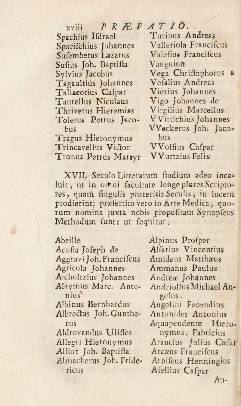 5^Vlll Spachius Ifdrael Sporifchius Johannes Sufembetus Lazarus Sufiiis Joh. Baptif^a Sylvius Jacobus Tagaultiiis Johannes Taliacotius Cafpar Taurellus Nicolaus Thriverus Hieremias Toletus Petrus Jaco¬ bus Tragus Hieronymus Trincavellus VicTtor Tronus Petrus Martyr Turinus Andreas Valleriola Francifcus Valefms Francifcus Vauguion Vega Chriflophorus a Vefalius Andreas Vierius Johannes Vigo Johannes de Virgilius Marcellus V Vittichius Johannes VVackerus Joh. Jaco¬ bus VVoIfius Cafpar VVurtzius Felix XVIB Seculo Litterarum Budiam adeo inca-* luit, ut in oitini facultate longepluresScripto¬ res, quam fingulis pra:teritis Seculis, in lucem prodierint; pr^fertim vero in Arte Medica, quo¬ rum nomina juxta nobis propofitam Synopfeos Methodum funt: ut fequitur. Abeille Aco ha Jofeph de Aggravi Joh. Francifcus Agricola Johannes Aicholtzius Johannes Alaymus Mare. Anto¬ nius' Albinus Bernhardus Albredus Joh.Gunthe- rus Aldrovandus Ulifles Allegri Hieronymus Alliot Joh. Baptiha Almacherus Joh. Fride- ricus Alpinus Profper Alfarius Vincentius Amideus Matthaeus Ammanus Paulus Andrei£ Johannes AndrioIIus Michael An- gelus. Angelini Facondius Antonides Antonius Aquapendente Hiero¬ nymus. Fabricius Arancius Julius Caefar Arcaeus Francifcus Arnifeus Henningius Afellius Cafpar Au-