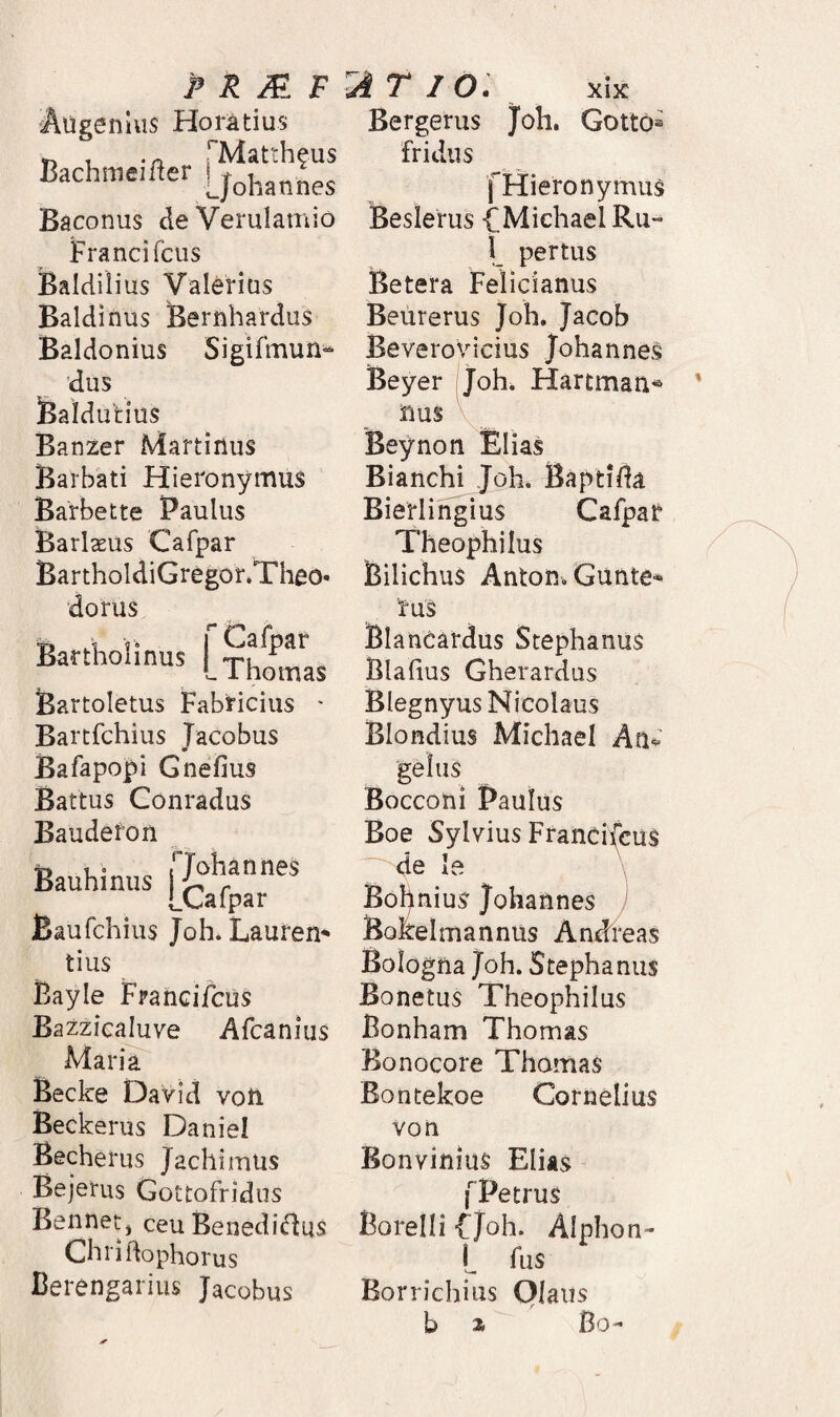 Bachmeifter P R JP^ F Aiigenhis Horatius |'Matthfus Ljohannes Baconus de Verulamio Franci fcus Baldilius Valerius Baldinus Bernhardus Baldonius Sigifmun-^ 'dus fealdutius Banzer Maftiilus Barbati Hieronymus Barbette Paulus Barlaeus Cafpar BartholdiGregor.Theo* do rus ^ATIO: xlx Bergerus Joh. Gotto® fridiis f Hieronymus Beslerus CMichaelRu- \ pertus Betera Felicianus Beiirerus Joh. Jacob Beverovicius Johannes Beyer (Joh. Hartmati^ nus Beynon ^lias Bianchi Joh. Baptida Bierlihgius Cafpar Theophilus Bilichus Anton. Gunte* ^us Bartholinus Cafpar Thomas Bartoletus Fabricius - Bartfchius Jacobus Bafapopi Gnefius Battus Conradus Baudeton Bauhinus LCafpar Baufchiiis Joh. Lauren^ tius Bayie Francifcus Bazzicaluve Afcanius Maria Becke David voti Beckerus Daniel Becherus Jachimus Bejerus Gottofridus Bennet, ceuBenedidus Chrihophorus Cerengarius Jacobus Blaneardus Stephanus Blahus Gherardus Blegnyus Nicolaus Blondius Michael An^’ 'gelus Bocconi Paulus Boe Sylvius Franeifcus de le \ Bol)nius Johannes i Bofelmannus AnxFreas Bologna joh. Stephanus Bonetus Theophilus Bonham Thomas Bonocore Thomas Bontekoe Cornelius von Bonvinius Elias fPetrus Borelli {joh. Alphon- L fiis Borrichius Qlaiis