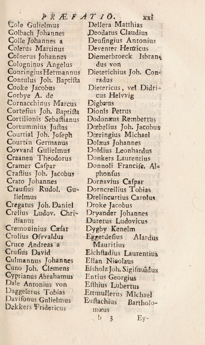 Cole Gulielmus Golbach Johxnnes Coile /ohannes a Co/erils Martinus Coinerus Johanne^ Colog ninus Angelus GonringiusHermannus Contulus Joh. Bapdfla Cooke Jacobus Corbye A. de Cornacchinus Marcus Cortefius Joh. Baptifla Cortilionis Sebaflianus Cortummiiis Judus Coiirtial Joh. Jofeph Courtin Germanus Covvard Gulielmus Craanen Theodorus Cramer Cafpar Crafhus Joh. Jacobus Crato Johannes Craufiu^^ Rudol. Gu- lielmus Gregatus joh. Daniel Crelius Ludov. Chri» dianus Crernouinius Caefat Crolius Ofvvaldus Cruce Andreas‘a Crudus David Culmanriiis Johaiines Cu no Joh. Clemens Cyprianus Abraharnus Dale Antonius von Daggeierus Tobias Davifonus Qulieldius Ddikers Tridericus Dellera Matthias JDeodatus Claudius Deudngius Antonius Devanter HenS“icus Diemerbroeck Isbran^ dus von Dieterichius Joh, Con* radus Dietericus, vel Didri- cus HelvVig Digbseus Dionis Petrus Dodonaeus RembertUs Doebeliiis Joh. Jacohu^ Dceringius Michael Dolasus Johannes Doldius Leonhardus Donkers Laurentius Donnoli Francife^ A!* phonfus Dornavius Cafpar Dorncreilius Tobias Drelincurtius Carolus Droke Jacobus Dryander Johannes Duretus Ludovicus Dygby Keneirn Eggerdefius AlardUs Mauritius Eichdadius Laurentius Eilan Nicolaus Eisholz Joh. Sigifmudus. Entius Georgiys Edhius Lubertus Ettmullerus Michael Eudachius Bartholo- maeus . ? Ey-