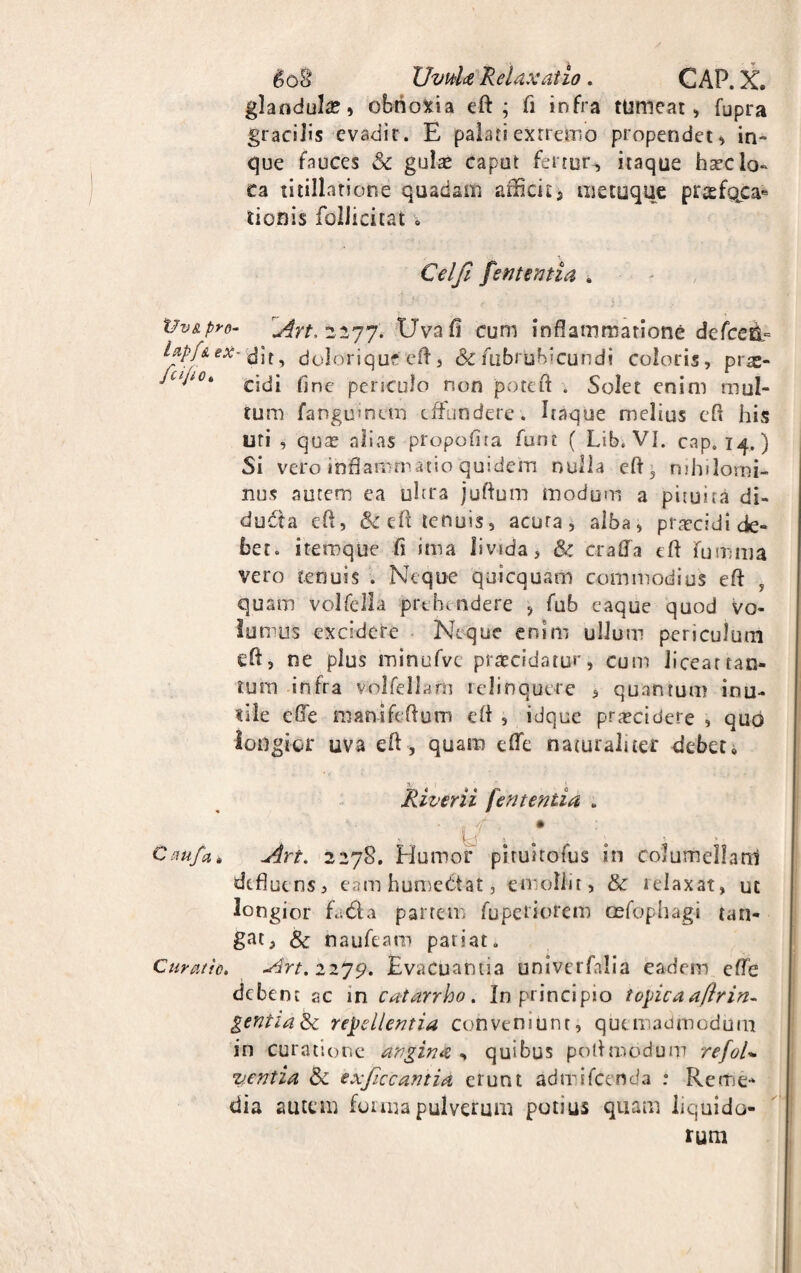 SoB Uvula Relaxatio. CAP. X. glandula?, obnoxia eft; fi infra tumeat, fupra gracilis evadit. E palati extremo propendet, in° que fauces Sc gula? caput fertur, itaque h^c lo¬ ca titillatione quadam afficit5 nietuque prxfQCa» iionis follieitai , Cei fi /ementia . Uv&pro- Art.iijj. Uva fi cum inflammatione defceii- Upj&ex-£ ;r? dolorique efl 3 & fubruhicundi coloris, prae- Jci'i0' eidi fine periculo non pottft . Solet enim mul¬ tum fanguinun effundere. Itaque melius eft his uti , qua? alias propofita funt ( Libt VI. cap. 14.) Si vero inflammatio quidem nulla eft, nihilomi¬ nus autem ea uhra juftum modum a pituita di- dudta eft, &: eft tenuis, acuta , alba, pra?c idi de¬ bet. itemque fi ima livida, & era fla eft fumnia vero tenuis . Neque quicquam commodius eft , quam volfella prehendere , fub eaque quod vo¬ lumus excidere Neque enim ullum periculum eft, ne plus minufvc praecidatur, cum liceat tan¬ tum infra volfellam relinquere , quantum inu¬ tile effe manifeftum eft , idque procidere , qud longior uva eft, quam effe naturaliter debet, 3.-' ‘ Riverii [ementia B • yr; • . . . Cauf?* Art. 2278. Humor pituitofus in columella trl defluens, eam humedtat, emollit, & relaxat, ut longior Edla partem fupetiorem cefophagi tan¬ gat, & naufeam patiat. Curatio. slrt. 2279. Evacuanda univerfalia eadem effe debent ac in catarrho. In principio topicaaflrin- gentiatk repellentia conveniunt, quemadmodum in curatione angina , quibus poftmodum refol* ventia & exficcantia erunt adtiiifcenda : Reme* dia autem forma pulverum potius quam liquido¬ rum