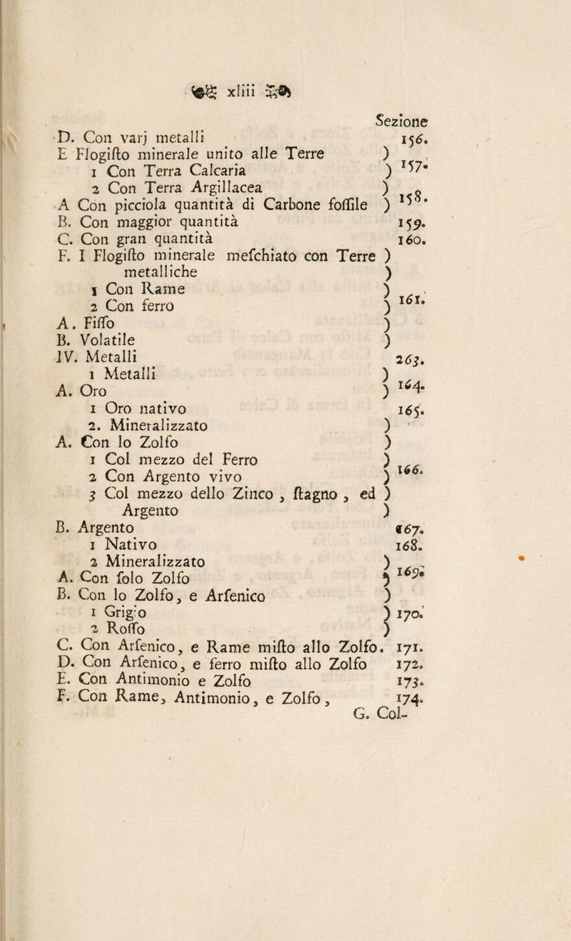 fcö* xliiì Sr©* ) ) D. Con varj metalli E Flogiflo minerale unito alle Terre 1 Con Terra Calcaria 2 Con Terra Argillacea ) A Con picciola quantità di Carbone follile ) B. Con maggior quantità C. Con gran quantità F. I Flogifto minerale mefchiato con Terre ) ) Sezione 15 6* J57- 158. 159. 160. ) ) ) ) ) ) \6U 263. 164. 165» 166, metalliche 1 Con Rame 2 Con ferro A, Fiffo B. Volatile JV. Metalli 1 Metalli A. Oro 1 Oro nativo 2. Mineralizzato ) A. Con lo Zolfo ) 1 Col mezzo del Ferro ) 2 Con Argento vivo ) 3 Col mezzo dello Zinco , (lagno , ed ) Argento } B. Argento «67* 1 Nativo 168» 2 Mineralizzato ) „ Å. Con folo Zolfo 5 1 9* B. Con lo Zolfo, e Arfenìco ) 1 Grig:o ) 170. 2 Rolfo ) C. Con Arfenico, e Rame miilo allo Zolfo. 171. D. Con Arfenico, e ferro rniflo allo Zolfo 172. E. Con Antimonio e Zolfo 173. F. Con Rame, Antimonio, e Zolfo, 174, G. Col-