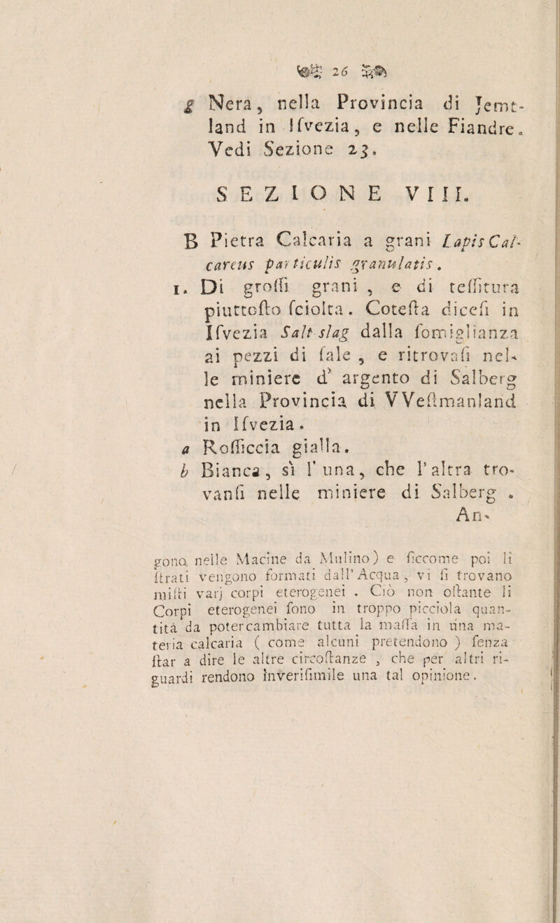 g Nera, nella Provincia di Jemc- land in Ifvezia, e nelle Fiandre. Vedi Sezi one 23» S E Z I O N E VII L B Pietra Calcaria a grani lapis Cai* careus particulis granulati*. 1. Di grofiì grani , e di teffitura piuttofto fciolta. Cote ft a di cefi in Ifvezia Salt slag dalla formglìanza ai pezzi di tale 5 e ritrovali nel* le miniere d* argento di Salberg nella Provincia, di VVeflmanland in Ifvezia. a Rodicela gialla. b Bianca, si f una, che l'altra tro¬ vati fi nelle miniere di Salberg „ Ari' gona nelle Macine da Mulino) e ficco me poi lì (irati vengono formati dall’Acqua, vi lì trovano in liti var] corpi eterogenei . Ciò non ottante li Corpi eterogenei fono in troppo picciola quan¬ tità da poter cambiare tutta la mafia in una ma¬ teria calcaria ( come alcuni pretendono ) lenza ftar a dire le altre circoftanze , che per altri ri¬ guardi rendono fnveriflmile una tal opinione.