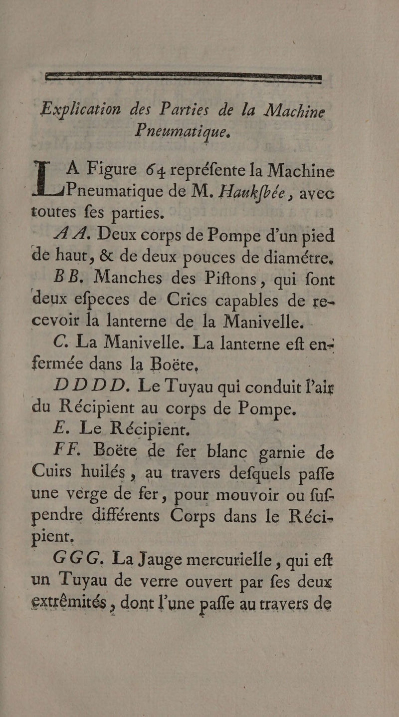 Explication des Parties de la Machine Pneumatique. | 3e Figure 64 repréfente la Machine Pneumatique de M. Haukfbée, avec toutes fes parties. Æ À, Deux corps de Pompe d’un sisa de haut, & de deux pouces de diamétre, B B, sl abtés des Piftons, qui font deux efpeces de Crics capables de re- cevoir la lanterne de la Manivelle. C. La Manivelle. La lanterne eft en- fermée dans la Boëte, D D D D. Le Tuyau qui conduit Pair du Récipient au corps de FONDS E. Le Récipient. FF. Boëte de fer blanc garnie de Cuirs huilés , au travers defquels pañle une verge de fer, pour mouvoir ou fuf pendre différents Corps dans le Réci- pient, GGG. La Jauge mercurielle , Ai eft un Tuyau de verre ouvert par fes deux extrémités , dont l’une palle au travers de
