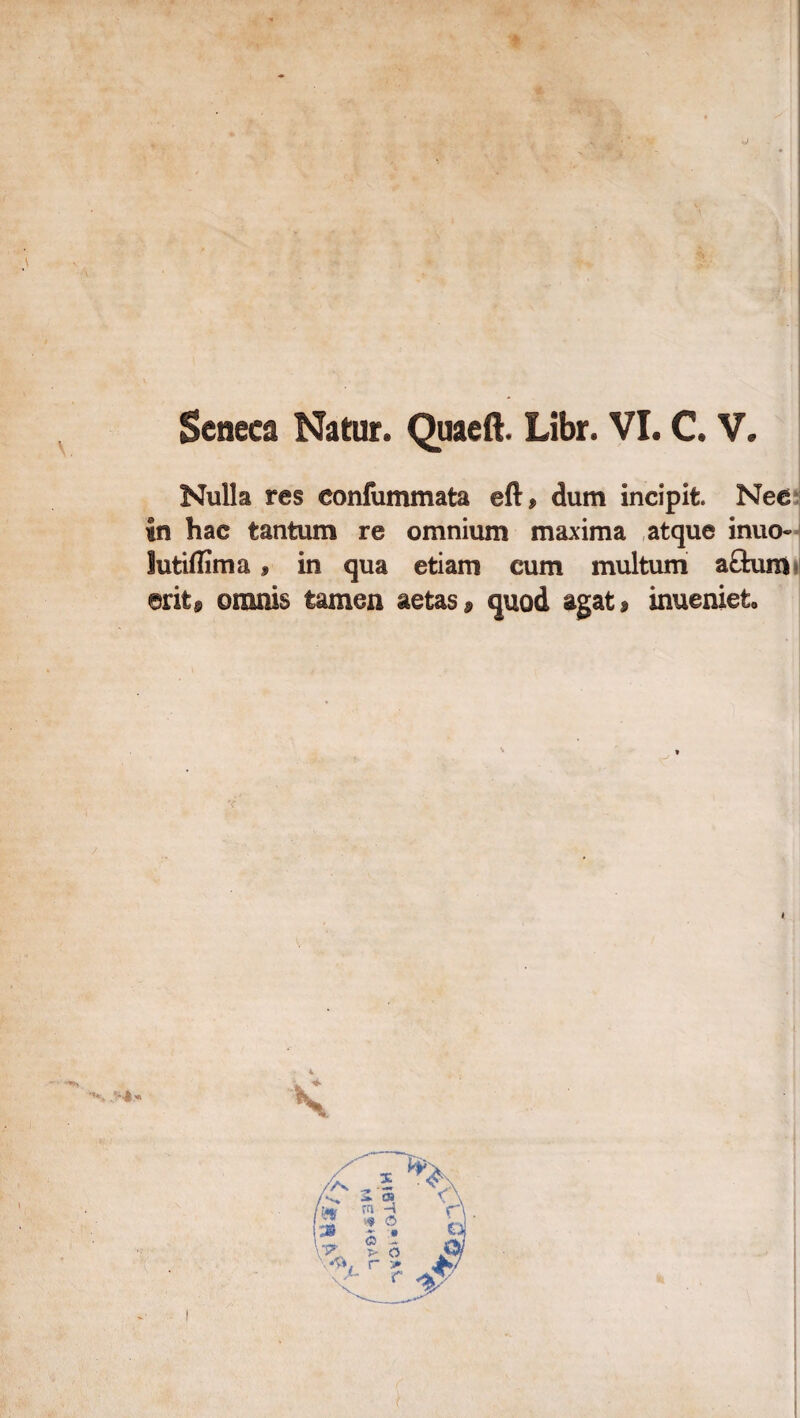 1 |: Scneca Natur. Quaeft. Libr. VI. C. V. Nulla res confummata eft, dum incipit. Neß i in hac tantum re omnium maxima atque inuo- lutiffima, in qua etiam cum multum aflum» erit$ omnis tarnen aetas» quod agat» inueniet.