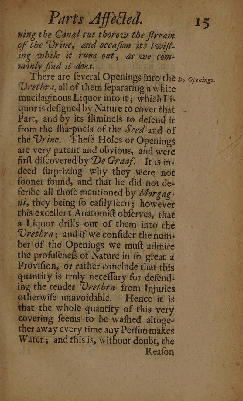 _» Ming the Canal cut thorow the fiream _ of the ‘Urine, and occasion its wif _ mg while it rims outs as we com: monly fiud it does, ae _ There are feveral Openings into the 1, Openings. ‘Vrethra, all of them feparating a white mucilaginous Liquor into it; whichL quor is defigned by Nature to cover that —_ Part, and by its fliminefs to defend it from the fharpnefs of the Seed and of the Urine. Fhefe Holes or Openings are very patent and obvious, and were firft difcovered by De Graaf: It is in- | deed furprizing why they were not . fooner found, and that he did: not de- feribe all thofé- mentioned by Morgag- nt, they being fo eafilyfeen; however | this excellent Anatomift obferves, that a Liquor drills out of them into the _ “Orethra; andif we confider the nutn: _ ber of the Openings we muft admire the profafenels of Nature in fo gteat a _ Provifion, or rather conclude that this _ Quantity is truly neceflary for defend: ing’ the tender ‘Orethra’ from Injuries -otherwife unavoidable. Hence it is that the whole quantity of this very covering fees: to be wafhed altoge- ther away every time any Perfonmakes Water; and this is, without doubt, the