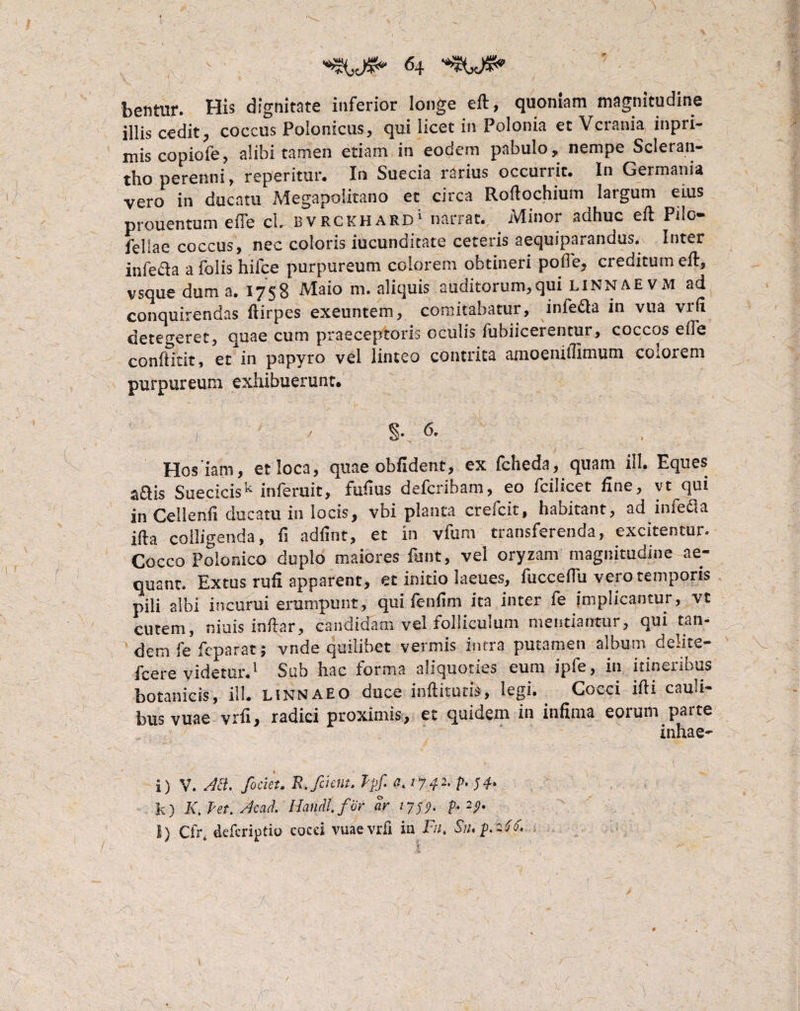 dentur. His dignitate inferior longe eft, quoniam magnitudine illis cedit, coccus Polonicus, qui licet in Polonia et Vcrania inpri- miscopiofe, alibi tamen etiam in eodem pabulo, nempe Scleran- tho perenni, reperitur. In Suecia rarius occurrit. In Germania vero in ducatu Megapolitano et circa Roftochium largum ems prouentum effc cl. bvrckhard1 narrat. iVlinoi adhuc cft PilG* fellae coccus, nec coloris iucunditate ceteris aequiperandus. Inter infeda a folis hifce purpureum colorem obtineri polle, creditum eft, vsque dum a. 1758 Maio m. aliquis auditorum,qui linnaevm ad conquirendas ftirpes exeuntem, comitabatur, infe&a in vua vrd detegeret, quae cum praeceptoris oculis fubiicerentur, coccos effe conftitit, et in papyro vel linteo contrita amoenilnmum colorem purpureum exhibuerunt. i f 6. , Hos iam, et loca, quae obfident, ex fcheda, quam ili. Eques a£Hs Suecicisk inferuit, fufius defcribam, eo fcilicet fine, vt qui in Cellenfi ducatu in locis, vbi planta crefcit, habitant, ad infefla ifta colligenda, fi adfint, et in vfunv transferenda, excitentur. Cocco Polonico duplo maiores fune, vel oryzam magnitudine ae¬ quant. Extus rufi apparent, et initio laeues, fucceflu vero temporis pili albi incurui erumpunt, qui fenfim ita inter fe implicantur, vt cutem, niuis indar, candidam vel follicuiuin mentiantur, qui tan¬ dem fe feparat; vnde quilibet vermis intra putamen album deiite- fcere videtur.1 Sub hac forma aliquoties eum ipfe, in itineribus botanicis, ili. linnaeo duce indituris, legi. Cocci ifti cauli¬ bus vuae vrfi, radici proximis, et quidem in infima eorum parte inhae- i) V. AB. fodet. R.fdent. Ppf. a. 1742. p. 74. k) K.Pet. Acati. HanM.for ar 1777. p- 27. l) Cfr, deferiptio cocci vuaevrfi in Fu. Sn.p.iifc