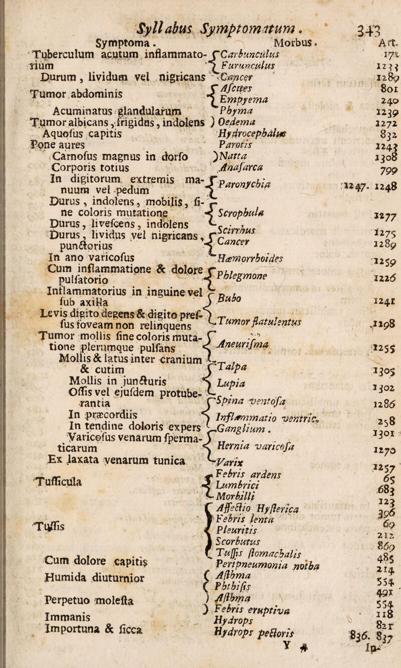 Syllabus Symptomitum, Symptoma. Morbus ' Tuberculum acutum CCarbunculus rium urupxulus Durum , lividum vel nigricans Tumor abdominis Acuminatus ^ glandularum 'Phyma Tumor albicans, frigidas 5 indolens ) Oedema Aquofus ^capitis Hydrocephalm Tpne aures ' Paretis Carnofus magnus in dorfo ')l>Jarta Corporis totius Anajarca In digitorum extremis ^^■‘Spatanvchia nuura veLpedum ^atonyctiia ^ Durus , indolens, mobilis, r- ne coloris mutationp Scropbula Durus, livefceos, inddiens ^cr^rrhut Durus, lividus yei nigricans, punftprius ' -^^ancer In ano varicofus -Hxmorrboides Cum inflammatione & dolore Cdx/ v pulfatorip r.JPhlegmoae ) Inflammatorius in inguine vel 5=^ r, / X/ ^ fubaxiHa ^ ^ J Bubo Levis digito degens &'digito pref-7 ^ « , fus faveam non relinquens ^^^^orfiatuhntm Tumor mollis line coloris muta- V ^ •X’’ tione plerumque pulfans S Mollis & latus inter eranium C_ , & cutim VTalpa Mollis in junfturis K Lupia Odis vel ejurdem protube- • ■rantia rSpma ventofa In praecordiis S Jnflr^imatio ventrlc^ In tendine doloris expers \jGanglium. yaricefus venarum fperma- ticarum Ex faxata yenarum tunica 343 Alto 1289 801 240 3239 2272 832 224? 2308 799 :1247. 1248 ■{ Tudicula Hernia va/icefa -Varix {Febris ardens Lumbrici Tijdis Cum dolore capitis Humida diuturnior Perpetuo molefta Immanis Importuna & licca • Merbilli AffeRip Hyflerica Febris lenta Pleurifis Scorbutus ^ T^iljjs ftomachalis Peripneumonia mtba C Alibma ( Pbthifis ) Af^brpa \ ) Febris eruptiva Hydrops Hydrops peHoris Y 4 1277 f275 2289 1259 122^5 1241 ,1198 \ 1305 2302 1285 258 1301 1270 W7 .683 223 B9^ 6q 212. 869 214 5S4 49^ 554 218 82 r 83<5. 837 Ip-