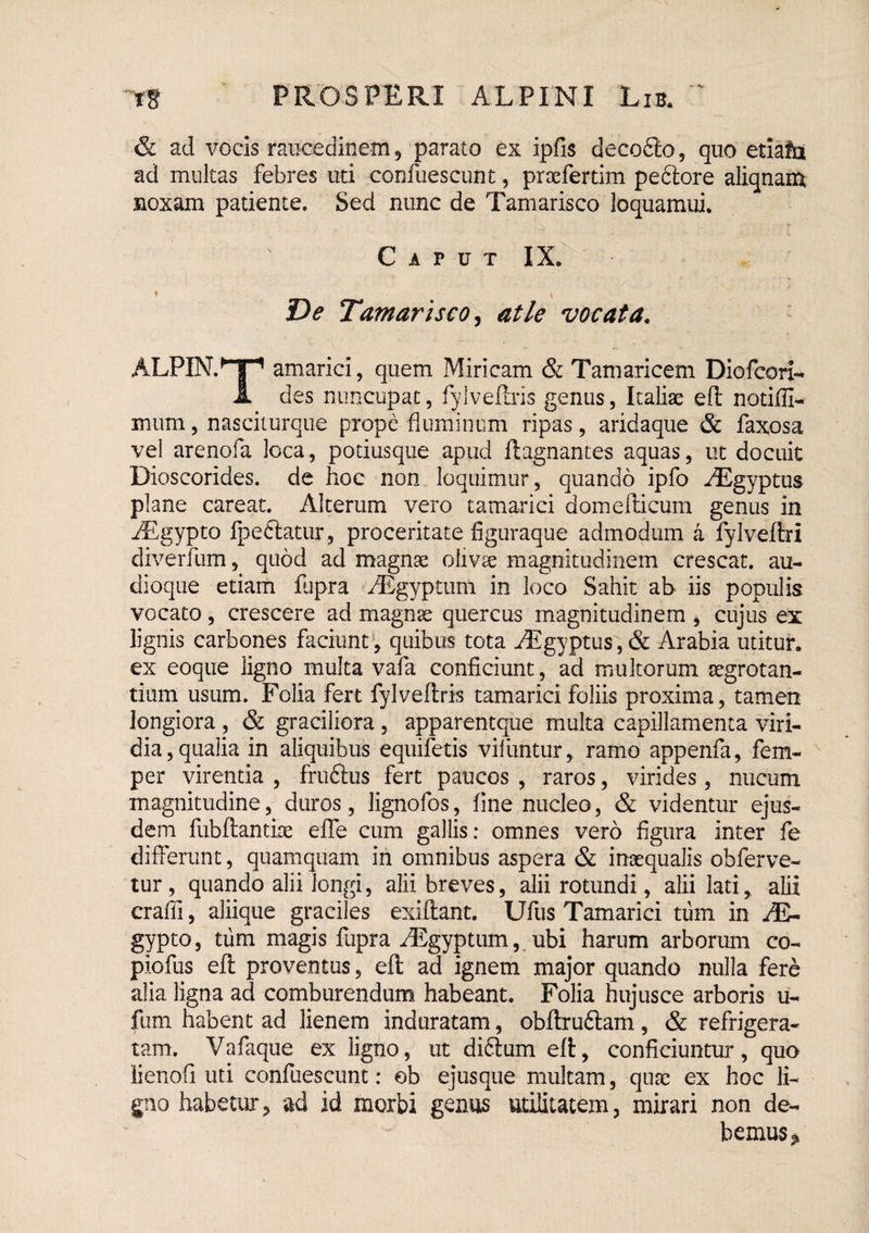 & ad vocis raucedinem 5 parato ex ipfis decofilo, quo etiafSai ad mulcas febres uti confiiescunt, prrefertim peftore aliqnani jioxam patiente. Sed nunc de Tamarisco loquamui. C A P U T IX. T>e Tamarisco^ atle vocata, ALPIN.^^ amarici, quem Miricam & Tamaricem Diofcorx- A des nuncupat, fylvefiris genus, Italiae eft notiffi^ mum 5 nasciturque prope fluminum ripas, aridaque & faxosa vel arenofa loca, potiusque apud flagnantes aquas, ut docuit Dioscorides. de hoc non loquimur, quando ipfo ^Egyptus plane careat. Alterum vero tamarici domellicum genus in iEgypto fpedlatur, proceritate flguraque admodum a fylveftri diveiTum, quod ad magnae olivse magnitudinem crescat, au¬ di oque etiam lupra iEgyptum in loco Sahit ab iis populis vocato, crescere ad magnae quercus magnitudinem j cujus ex lignis carbones faciunt*, quibus tota ^gyptus,& Arabia utitur, ex eoque ligno multa vafa conficiunt, ad multorum aegrotan¬ tium usum. Folia fert fylveftris tamarici foliis proxima, tamen longiora , & graciliora , apparentque multa capillamenta viri¬ dia, qualia in aliquibus equifetis viliintur, ramo appenfa, fem- per virentia , fruftus fert paucos , raros, virides, nucum magnitudine, duros, lignofos, fine nucleo, & videntur ejus¬ dem fubftantiae efle cum gallis: omnes vero figura inter fe differunt, quamquam in omnibus aspera & inaequalis obferve- tur, quando alii longi, alii breves, alii rotundi, alii lati, alii erafli, aliique graciles exiftant. Ufus Tamarici tum in AE- gypto, tum magis fupra ^gyptum,.ubi harum arborum co- piofus eft proventus, eft ad ignem major quando nulla fere alia ligna ad comburendum habeant. Folia hujusce arboris u- fum habent ad lienem induratam, obftru6tam, & refrigera¬ tam, Vafaque ex ligno, ut diftum eft, conficiuntur, quo lienofi uti confuescunt: ob ejusque multam, qiue ex hoc li¬ gno habetur, ad id morbi genus utilitatem, mirari non de¬ bemus
