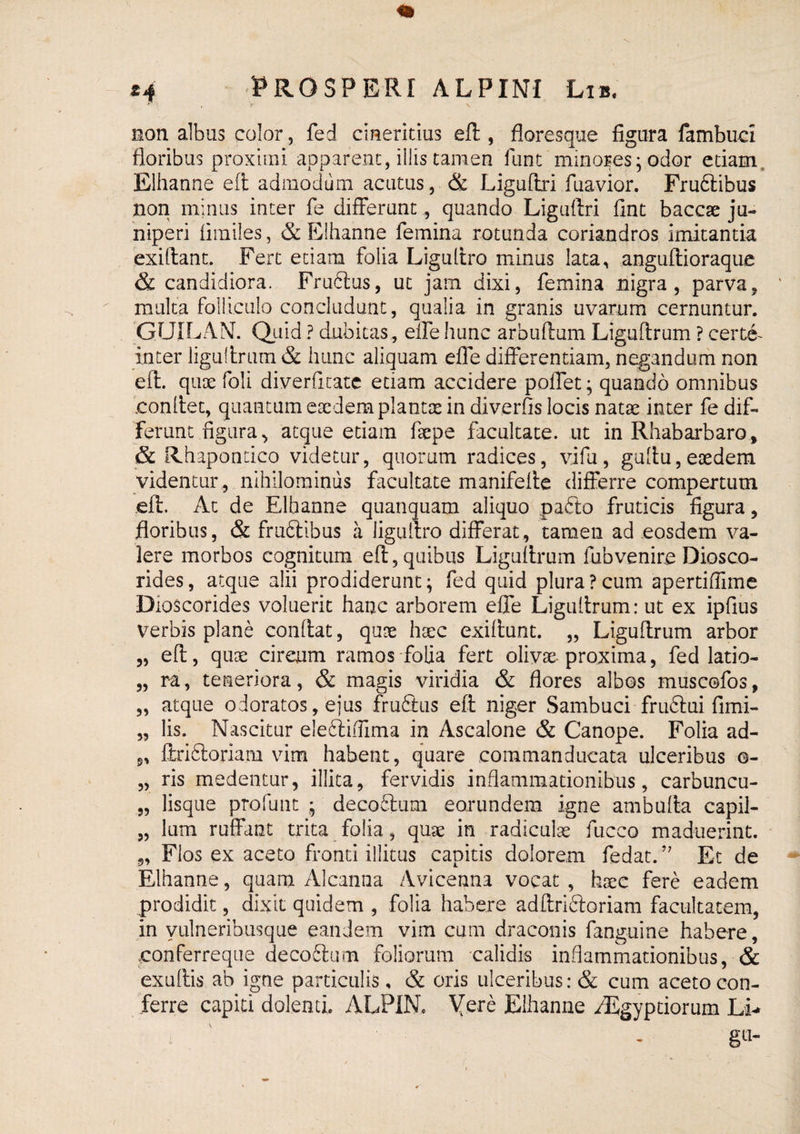 Bon albus color, fed ciueritius eft , floresque figura fambuci floribus proximi apparent, illis tamen funt minores; odor edam. Elhanne eft admodum acutus, & Liguftri fuavior. Fru6libus non minus inter fe differunt, quando Liguftri fint baccae ju¬ niperi iimiles, & Elhanne femina rotunda coriandros imitantia exiftant. Fert etiam folia Liguftro minus lata, anguftioraque & candidiora. Fru6lus, ut jam dixi, femina nigra, parva, multa folliculo concludunt, qualia in granis uvarum cernuntur. GUILAN. Qitid ? dubitas, effe hunc arbuftum Liguftrum ? certe- inter liguftrum & hunc aliquam effe differentiam, negandum non eft. qiix foli diverficatc etiam accidere poffet; quando omnibus .conftet, quantum caedem plantoe in diverfis locis natae inter fe dif¬ ferunt figura, atque etiam faepe facultate, ut in Rhabarbaro, !& Rhapondco videtur, quorum radices, vifu, gultu,eaedem videntur, nihilominus facultate manifefte differre compertum eft. At de Elhanne quanquam aliquo pafto fruticis figura, floribus, & fruftlbus a liguftro differat, tamen ad eosdem va¬ lere morbos cognitum eft, quibus Ligultrum fubvenire Diosco- rides, atque alii prodiderunt; fed quid plura ? cum apertiflime Dioscorides voluerit hanc arborem effe Liguftrum: ut ex ipfius verbis plane conftat, qute haec exiftunt. „ Liguftrum arbor „ eft, quae circum ramos folia fert olivae proxima, fed latio- „ ra, teneriora, & magis viridia & flores albos muscofos, „ atque odoratos, ejus fruQus eft niger Sambuci frudlui fimi- „ lis. Nascitur eleftiiTima in Ascalone & Canope. Folia ad- 5, llriftoriam vim habent, quare commanducata ulceribus ©- „ ris medentur, illita, fervidis inflammationibus, carbuncu- 5, lisque profuiit deco£lum eorundem igne ambufta capil- „ Ium ruffant trita folia, quae in radiculae fucco maduerint. „ Flos ex aceto fronti illitus capitis dolorem fedat. Et de Elhanne, quam Alcanna Avicenna vocat , haec fere eadem prodidit, dixit quidem , folia habere adftncioriam facultatem, in yulneribusque eandem vim cum draconis fanguine habere, xeonferreque decoftum foliorum calidis inflammationibus, & exuftis ab igne particulis, & oris ulceribus: & cum aceto con¬ ferre capiti dolenti. ALPIN. Vere Elhanne /Egyptiorum LL gu-