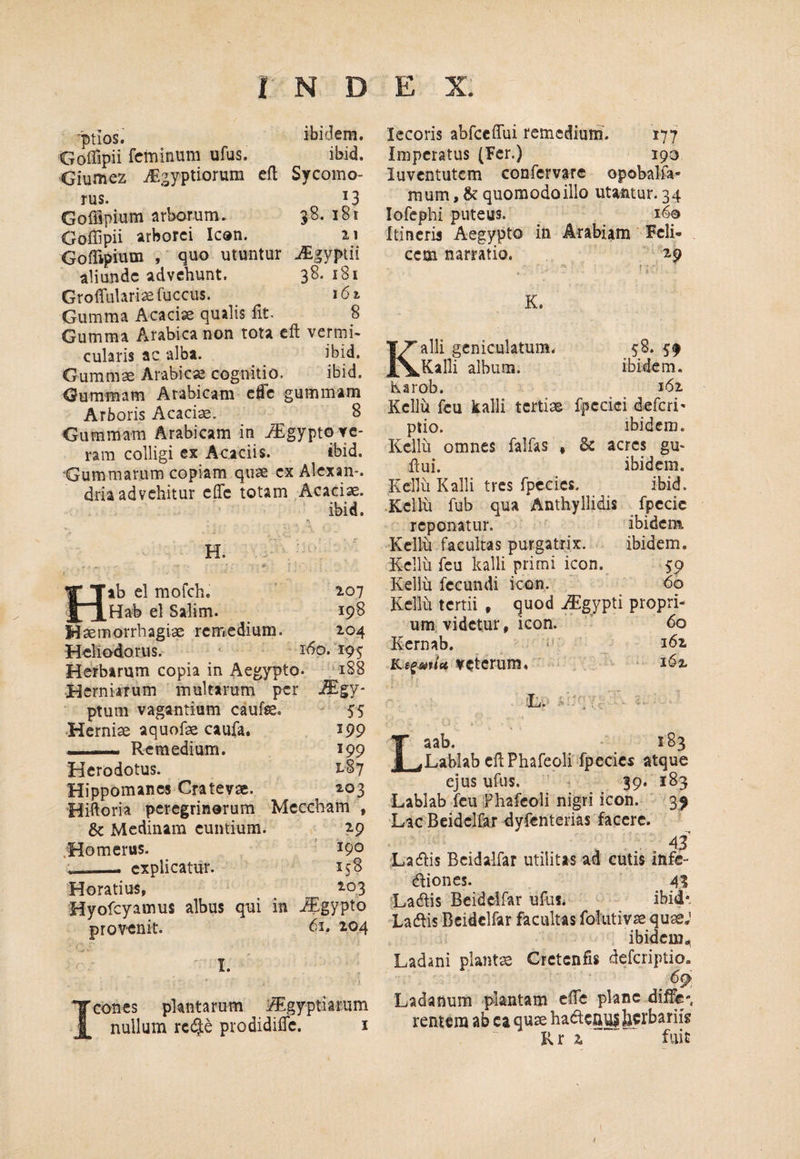 -ptios. ibidem. Goffipii feminum ufus. ibid. Giumez ^.gyptiorum eft Sycomo¬ rus. '3 Goffipium arborum. 38. i8i Goffipii arborei Icon. 21 Goffipium , quo utuntur .^gyptii aliunde advehunt. 38.181 GroffuUri^fuccus. ^ j6i Gumma Acacije qualis fit- 8 Gumma Arabica non tota cft vermi- cularis ac alba. ibid. Gummae Arabica2 cognitio. ibid. Gummam Arabicam effie gummam Arboris Acaciae. 8 Gummam Arabicam in ^gypto ve¬ ram colligi ex Acaciis. tbid. Gummarum copiam quae ex Alexan-. dria advehitur effe totam Acaciae. ibid. H. Hib el mofch. 207 Hab el Salim. 198 Kaemorrhagiae remedium. 204 Heliodorus. 1^.195 Herbarum copia in Aegypto. '188 Herniarum multarum per M§y- ptum vagantium cauf^. 55 •Herniae aquofae caufa. ipP Remedium. 199 Herodotus. Hippomanes Cratevae. 203 Hiftoria peregrinorum Meccham , & Mcdinam euntium. 29 .Homerus- ’ 190 - explicatur. 158 Horatius, ^ ^ —o Hyofcyamus albus qui in .i^gypto provenit. 61. 204 203 I. Icones plantarum i^lgyptiarum nullum rc<5e prodidifle. i Iccoris abfccffui remedium. 177 Imperatus (Fer.) 193 luvcntutcm confervare opobalfa- raum, St quomodo illo utantur. 34 lofephi puteus. 160 Itineris Aegypto in Arabiam Feli¬ cem narratio. 29 K. alii geniculatum. 58. 59 .Kalii album. ibidem. Karob. 162 Kcllu fcu kalii tertiae fpccici deferi' ptio. ibidem. Kcllu omnes falfas , dc acres gu- flui. ibidem. Kcllu Kalii tres rpccics. ibid. ■Kcllu fub qua Anthyllidis _ fpccic reponatur. ibidem Kcllu facultas purgatrix. ibidem. Kcllu feu kalii primi icon. 59 Kellu fecundi icon. 60 Kcllu tertii , (^uod uSgypti propri¬ um; videtur, icon. ’ 60 Kcrnab. • veterum. ' ,:. 1^2 Laab. • 183 Lablab cflPhafeoli fpecics atque ejus ufus. 39* 183 Lablab feu ;Phafcoli nigri icon. 39 Lac Beidclfar dyfenterias facere. Ladlis Bcidalfar utilitas ad cutis infe- dlioncs. 41 Ladlis Beidclfar ufus. ibid*- Laeflis Beidclfar facultas foliitivae quae; ibidem.. Ladani planta Crctcnfis deferiptio. Ladanum plantam cfle plane diffe*, rentem ab ca qu^ hadenus Jicrbariig Kr 2 fuit