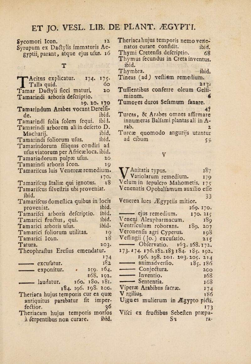 ET JO. VESL. LIB. DE PLANT. ^GYPTI. Sycomori Icon. 12. Syrupum ex Dadlylis immaturis Ae- gyptiij parant, atque ejus ufus. 16 T TAcitus explicatur. 174. I7^ Talla quid. 60 Tamar Dadyli ficci maturi, 20 Tamarindi arboris dcfcriptio. 19.10. 170 Tamarindiim Arabes vocant Derelfi- de. ^ ibid. Tamarindi folia folem fequi. ibid. Tamarindi arborem ali in deferto D. Macharij, ibid. Tamarindi foliorum ufus. ibid. Tamarindorum filiquas condiri ad ufus viatorum per Africseloca.ibid. Tamarindorum pulpae ufus. 20 Tamarindi arboris Icon. 19 Tamarilcus luis Venereae remedium. 170. Tamarifeus Italiae qui ignotus. _ 18 Tamarifeus filveilris ubi proveniat, ibid. Tamarircusdomeflica quibus in locis proveniat. ibid. Tamarifci arboris deferiptio. ibid. Tamarici frudlus, qui. ibid. Tamarici arboris ufus. ibid. Tamarici foliorum utilitas. 19 Tamarici Icon. 18 Tatura. 203. Theophraftus Erefius emendatur. 174 —— excufatur. 182 ■ ■ exponitur. ♦ 1^9. 164. 168. 192. , __ laudatur. 160. 180. 181. 184. 196. 198. 200. Theriaca hujus temporis cur ca quae antiquitus parabatur lit imper- fecftior. 36 Theriacam hujus temporis morfos a ferpentibus non curare. ibrd. Theriaca hujus temporis nemo veiie- natos curare confidit. ibid. Thymi Cretenfis deferiptio. 68 Thymus fecundus in Creta inventus, ibid. Thymbra. ibid. Tincas (ad^ veftiam remedium. 213.' Tuffientibus conferre oleum Gelli- minam. 6 Tumores duros Sefamum fanare. , 47 Tureas, Arabes omnes affirmare innumeras Balfami plantas ali in A- rab. z T iircae quomodo angiirijs utantur ad cibum 55^ V VAnitatis typus. 187 Variolarum remedium. 179 Velum in fepulcro Mahometis. 177 Venenatis Opobalfamum auxilio efie 3 3’ Venerea lues ^gyptiis mitior. 169. 170, —— ejus remedium. 170. 213 Veneni Alexpharmacum. 189 Ventriculum roborans. 189. 207 Veronenfis agri Cyperus. 198 Veflingii (Jo.) excufatio. 215 ■ - Obfervalio. 163,168.172. 173* *74* 176.182.183184. 185. 192. 196. 198. 201. 203.205. 214 ■—— animadverfio, 185. 186 *-- Conj edura. 200 ■ -Inventio. 168 —— Sententia. 168 Viperae Arabibus faerse. 174 V rgilius. 186 Uigues mulierum in jlgypto pidi. ^ 173 Vifei ex frudibus Sebefien prsepa- S*s ra-