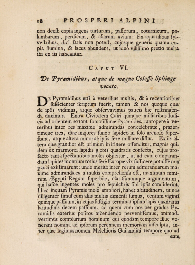 non deefl: copia ingens turturum, pafTerum, coturnicum , pa¬ lumbarum, perdicum, & aliarum avium: Ex aquatilibus fyl- veftribus, dici fatis non potefl, cujusque generis quanta co¬ pia flumina, & lacus abundent, ut ideo vilhfimo pretio multa ibi ex iis habeantur* Caput VL ^De 'Pyramidibus, atque de magno Coloffb Sfhinge vocato. De Pyramidibus etfi a veteribus multis, & a recentioribus fufiicienter fcriptum fuerit, tamen & nos quoque quae de ipfis vidimus, atque obfervavimus paucis hic reftringen- da duximus. Extra Civitatem Cairi quinque milliaribus Itali¬ cis ad orientem extant fomofifiimae Pyramides, tantopere a ve¬ teribus inter res maxime admirandas concelebratae, praefer- timque tres, duae majores fundo lapideo in folo arenofo fuper- flant, atque altera minor ab ipfis fere milii are diftat. Ex iis al¬ tera quae grandior efl primum in itinere offenditur, magnis qui¬ dem ex marmorei Iapidis glebis quadratis confefta, cujus pro- fe£to tanta fpedlantibus moles objicitur , ut ad eam comparan¬ dam lapides montium totius fere Europae vix fufficere potuifle non pauci exiftimarunt: unde merito inter rerum admirandarum ma¬ xime admiranda ea a multis comprehenfa efl, maximum nimi¬ rum iEgypti Regum fuperbiae, clarilnmumque argumentum , qui hafce ingentes moles pro fepulchris fibi ipfis condiderint. Haec inquam Pyramis mole ampliori, habet altitudinem, ut nos diligenter fimul cum aliis multis dimenfi fumus, centum viginti quinque paffuum,in cujus fafligio terminat ipfam lapis quadratus latitudinis decem paffuum, ad quem cum nos per gradus Py¬ ramidis exterius pofitos afcendendo perveniffemus, animad¬ vertimus complurium hominum qui quodam tempore illuc ve¬ nerant nomina ad ipforum perennem memoriam infculpta, in¬ ter quae legimus nomen Melchioris Guilandini tempore quo ad eam