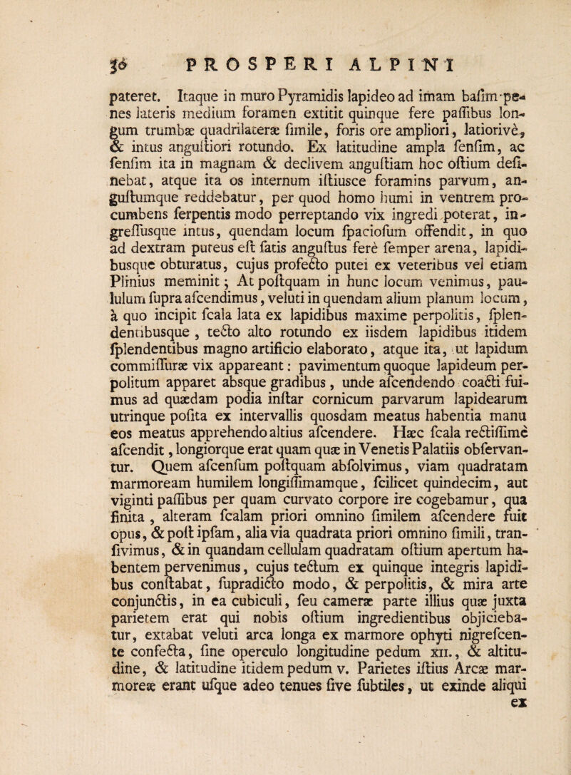 pateret. Itaque in muro Pyramidis lapideo ad imam bafinrpe* nes lateris medium foramen extitit quinque fere paffibus lon¬ gum trumbae quadrilacerae fimile, foris ore ampliori , Jatiorive ? & intus anguftiori rotundo. Ex latitudine ampla fenfim, ac fenfim ita in magnam & declivem anguftiam hoc oftium deli¬ nebat, atque ita os internum iitiusce foramins parvum, an- guftumque reddebatur, per quod homo humi in ventrem pro¬ cumbens ferpentis modo perreptando vix ingredi poterat, in- greffusque intus, quendam locum fpaciofum offendit, in quo ad dextram puteus eft fatis anguftus fere femper arena, lapidi¬ busque obturatus, cujus profefto putei ex veteribus vel etiam Plinius meminit; At poftquam in hunc locum venimus, pau¬ lulum fupra afcendimus, veiuti in quendam alium planum locum, a quo incipit fcala lata ex lapidibus maxime perpolitis, fplen- dennbusque , tefilo alto rotundo ex iisdem lapidibus itidem Iplendentibus magno artificio elaborato, atque ita, ut lapidum commiffurae vix appareant: pavimentum quoque lapideum per¬ politum apparet absque gradibus, unde afcendendo coafti fui¬ mus ad quaedam podia inftar cornicum parvarum lapidearum utrinque pofita ex intervallis quosdam meatus habentia manu eos meatus apprehendo altius afcendere. Haec fcala re&iffimc afcendit, longiorque erat quam quae in Venetis Palatiis obfervan- tur. Quem afcenfum poftquam abfoivimus, viam quadratam marmoream humilem longiflimamque, fcilicet quindecim, aut viginti paffibus per quam curvato corpore ire cogebamur, qua finita , alteram fcalam priori omnino fimilem afcendere fuit opus, &poftipfam, alia via quadrata priori omnino fimili, tran- fivimus, & in quandam cellulam quadratam oftium apertum ha¬ bentem pervenimus, cujus te6lum ex quinque integris lapidi¬ bus conflabat, fupradifto modo, & perpolitis, & mira arte conjunflis, in ea cubiculi, feu camerae parte illius quae juxta parietem erat qui nobis oftium ingredientibus objicieba¬ tur, extabat veiuti arca longa ex marmore ophyti nigrefeen- te confefta, fine operculo longitudine pedum xn., & altitu¬ dine, & latitudine itidem pedum v. Parietes iftius Arcae mar¬ moreae erant ufque adeo tenues five fubtiles, ut exinde aliqui ex