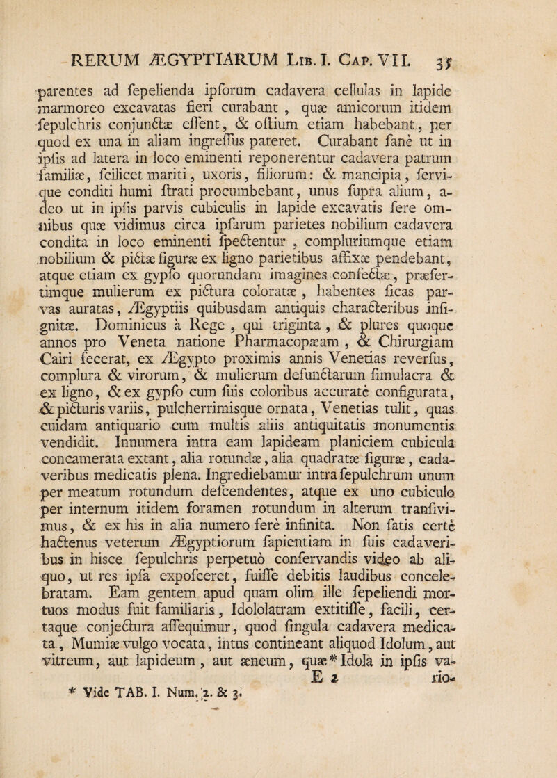 parentes ad fepelienda ipforum cadavera cellulas in lapide marmoreo excavatas fieri curabant , quae amicorum itidem fepulchris conjundlae eflent, & oftium etiam habebant, per quod ex una in aliam ingreffus pateret. Curabant fane ut in ipfis ad latera in loco eminenti reponerentur cadavera patrum familiae, fcilicet mariti, uxoris, filiorum: & mancipia, fervi- que conditi humi ftrati procumbebant, unus fupra alium, a- deo ut in ipfis parvis cubiculis in lapide excavatis fere om¬ nibus quae vidimus circa ipfarum parietes nobilium cadavera condita in loco eminenti fpeclentnr , compluritimque etiam mobilium & pidloe figurae ex ligno parietibus affixae pendebant, atque etiam ex gypfo quorundam imagines confedlae, praefer- timque mulierum ex pidtura coloratae , habentes ficas par¬ vas auratas, AEgyptiis quibusdam antiquis charafteribus infi- gnitae. Dominicus a Rege , qui triginta , & plures quoque annos pro Veneta natione Pnarmacopaeam , & Chirurgiam Cairi fecerat, ex AEgypto proximis annis Venenas reverfus, complura & virorum, & mulierum defundiarum fimulacra & ex ligno, & ex gypfo cum fuis coloribus accurate configurata, & pidturis variis, pulcherrimisque ornata, Venetias tulit, quas cuidam antiquario cum multis aliis antiquitatis monumentis vendidit. Innumera intra eam lapideam planiciem cubicula concamerata extant, alia rotundae, alia quadratae figurae , cada¬ veribus medicatis plena. Ingrediebamur intra fepulchrum unum permeatum rotundum defcendentes, atque ex uno cubiculo per internum itidem foramen rotundum in alterum tranfivi- mus, & ex his in alia numero fere infinita. Non fatis certe hadtenus veterum ARgyptiorum fapientiam in fuis cadaveri¬ bus in hisce fepulchris perpetuo confervandis video ab ali¬ quo , ut res ipfa expofceret, fuiflfe debitis laudibus concele¬ bratam. Eam gentem apud quam olim ille fepeliendi mor¬ tuos modus fuit familiaris, Idololatram extitiffe, facili, cer- taque conjeftura aflfequimur , quod fingula cadavera medica¬ ta , Mumiae vulgo vocata, intus contineant aliquod Idolum, aut vitreum, aut lapideum, aut seneurn, quae#Idola in ipfis va- E 2 rio- * Yide TAB. I. Nuro./i. & 3.