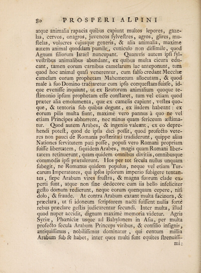 atque animalia rapacia quibus capiunt multos lepores, gaze^ las, cervos, onagros, juvencos fylveflres, agros, glires, mu- ftelas, volucres cujusque generis, & alia animalia, maxime autem animal quoddam pumile , cuniculo non diffimile, quod Agnum filiorum Israel nuncupant. Quamvis autem ipfi fyl- veliribus animalibus abundant, ex quibus multa cicura edu¬ cant, tamen eorum carnibus camelarum lac anteponunt, tum quod hoc animal quali venerentur, cum fallo credant Mecchac camelam eorum prophetam Mahemetum allocutam, & quod male a fuo Domino trablaretur cum ipfo conqueltam fuisfe, id- que evenifie inquiunt, ut ex Brutorum animalium quoque te- Itimonio ipfum prophetam elTe conflaret, tum vel edam quod prseter alia emolumenta, quse ex camelis capiunt, vefles quo¬ que , & tentoria fub quibus degunt, ex iisdem habeant : ex eorum pilis multa fiunt, maxime vero pannus a quo ne vel etiam Principes abhorrent, nec minus quam fericeum aeflima- tur. Quod autem Arabes, & ingenio valeant, ex eo depre¬ hendi potefl, quod de ipfis dici pofilt, quod profefilo vete¬ res non pauci de Romanis pofleritati tradiderunt, quippe alias Nationes fervitutem pati polle, populi vero Romani propriam fuifie libertatem, fiquidem Arabes ,, magis quam Romani liber¬ tatem retinuerunt, quam quidem omnibus divitiis, omnibusque commodis ipfi praetulerunt. Hos per tot fecula nullus unquam fubegit, ne Romanus quidem populus, neque vel etiam Tur¬ earum Imperatores, qui ipfos ipforum imperio fubigere tentan- tes , fsepe Arabum vires fruftra, & magna fuorum clade ex¬ perti funt, atque non fine dedecore cum iis bello infeliciter geflo domum redierunt, neque eorum quenquam cepere, nifi dolo, & fraude. At contra Arabum extant multa facinora, & praeclara, ut fi idoneum feriptorem nabli fuiffent nullis forte rebus praeclare geflis judicarentur fecundi. Inter multa, illud quod nuper accidit, dignum maxime memoria videtur. Agris Syrice, Phcenicice usque ad Babylonem in Afia, per multa profeblo fecula Arabum Princeps viribus, & confilio infignis^ antiquifiimus , nobiliffimus dominatur , qui centum millia Arabum fubfe habet, inter quos multi funt equites ftrenuifii-