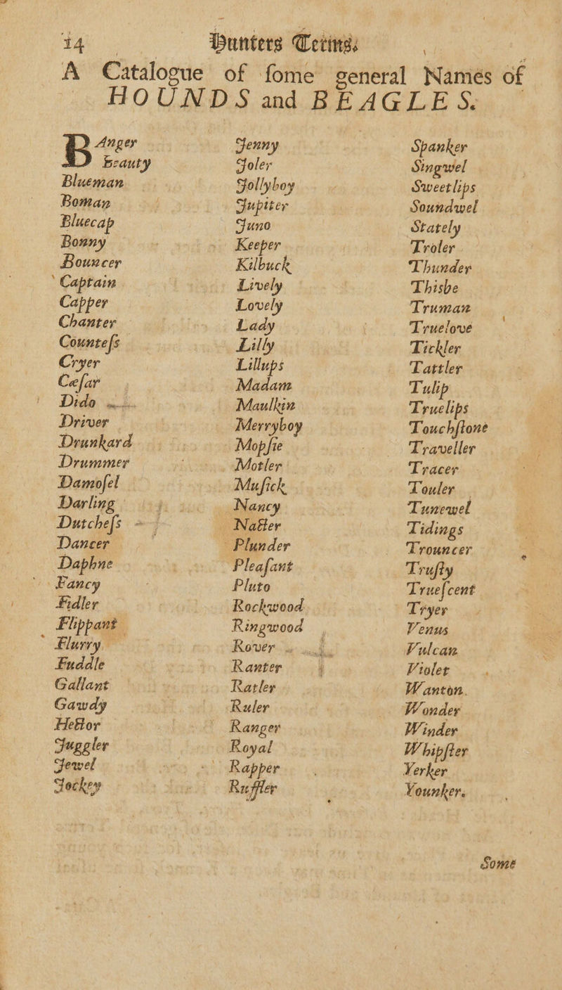 ta. Wunters Tetinss | A Catalogue of fome general Names of HOUNDS and BEAGLES. Anger Senny Spanker a3 beauty Joler Stngwel Blueman — Sollyboy ; Sweet lips Boman SJupiter Soundwel Bluecap Juno Stately Bonny 7 Keeper Troler | Bouncer Kilbuck Thunder ‘Captain. Lively Thisbe Capper | Lovely Truman Chanter Lady : Truelove Counte/s , Lilly Tickler Cryer Lillups Tattler Cefar Madam Tulip Dido... Maulkin Truelips Driver Merryboy Touch{tone Drunkard i - Mopfie - Traveller Drummer sy Mosler |. Tracer Damofel Mufick Touler Darling’ |)... . Nancy | Tunewel Dutchefs ~~ _ Naéter Tidings Dancer Plunder Trouncer Daphne -Pleafant Trufty ‘Fancy Pluto Truefcent idler Rockwood Tryer Fiippant Ringwood | Venus * Flurry 3 Rewer ie ache Vulcan Euddle Ranter ; Violer Gallant Ratler W anton. Gawdy tools «Ruler _ Wonder Heflor | Ranger Winder Suggler Royal W hipfter Sewel | appari Yerker tockey cs Ruffler Younker. Some