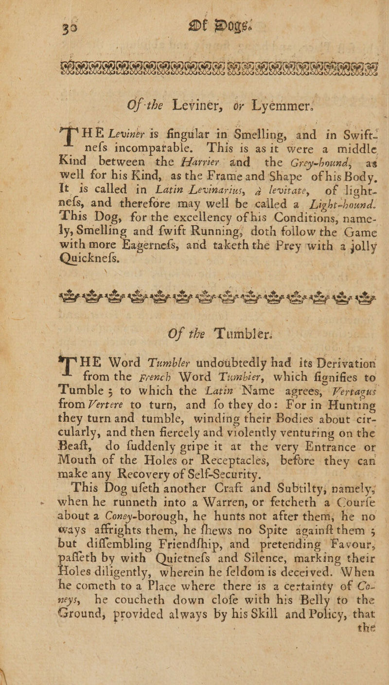 5 CC(‘éa«W I AL: A OREO Of the Leviner, or Lyemmer. nefs incompatable. This is asit were a middle Kind between the Harrier and the Greyhound, as well for his Kind, asthe Frame and Shape of his Body, It 1s called in Latin Levinarius, g levitate, of light- nefs, and therefore may well be called a Light-hound. This Dog, for the excellency of his Conditions, name- ly, Smelling and fwift Running; doth follow the Game with more Eagernefs, and taketh the Prey with a jolly Quicknefs. | | scep shop hep sip hap hp ee lp yp ep ly her ly Of the Tumbler. | CHE Word Tumbler undoubtedly had its Derivation Tumble ; to which the Latin Name agrees, Vertagus from Vertere to turn, and fo they do: For in Hunting they turn and tumble, winding their Bodies about cir- cularly, and then fiercely and violently venturing on the Beaft, do fuddenly gripe it at the very Entrance or Mouth of the Holes or Receptacles, before they can make any Recovery of Self-Security. _ g5 This Dog ufeth another Craft and Subtilty; namely, when he runneth into a Warren, or fetcheth a Courfe ways affrights them, he fhews no Spite againftthem 5 but diffembling Friendfhip, and preteriding Favour, ‘anit by with Quietnefs and Silence, marking their oles diligently, wherein he feldom is deceived. When he cometh to a Place where there is a certainty of Co- neys, he coucheth down clofe with his Belly to the Ground, provided always by his Skill and seit the =