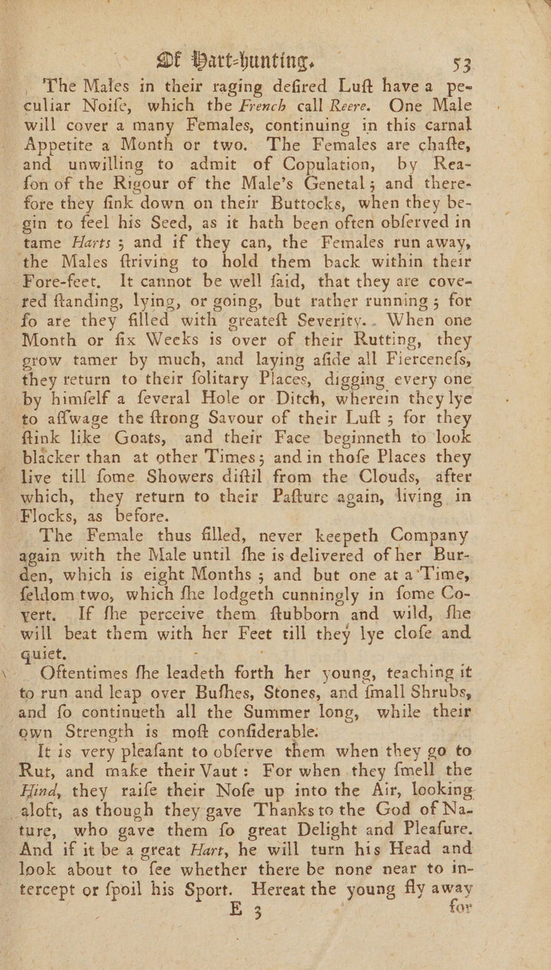 culiar Noife, which the French call Reere. One Male Appetite a Month or two. The Females are chafte, and unwilling to admit of Copulation, by Rea- fore they fink down on their Buttocks, when they be- tame Harts; and if they can, the Females run away, the Males ftriving to hold them back within their red ftanding, lying, or going, but rather running; for Month or fix Weeks is over of their Rutting, they orow tamer by much, and laying afide all Fiercenefs, they return to their folitary Places, digging every one by himfelf a feveral Hole or Ditch, wherein they lye to affwage the ftrong Savour of their Luft ; for they ftink like Goats, and their Face beginneth to look blacker than at other Times; and in thofe Places they The Female thus filled, never keepeth Company again with the Male until fhe is delivered of her Bur- feldom two, which fhe lodgeth cunningly in fome Co- yert. If fhe perceive them. ftubborn and wild, fhe &lt;&lt; quiet. 3 Oftentimes fhe leadeth forth her young, teaching it to run and leap over Bufhes, Stones, and {mall Shrubs, own Strength is moft confiderable: It is very pleafant to obferve them when they go to Rut, and make their Vaut: For when they {mell the ture, who gave them fo great Delight and Pleafure. look about to fee whether there be none near to in- 3 | for *