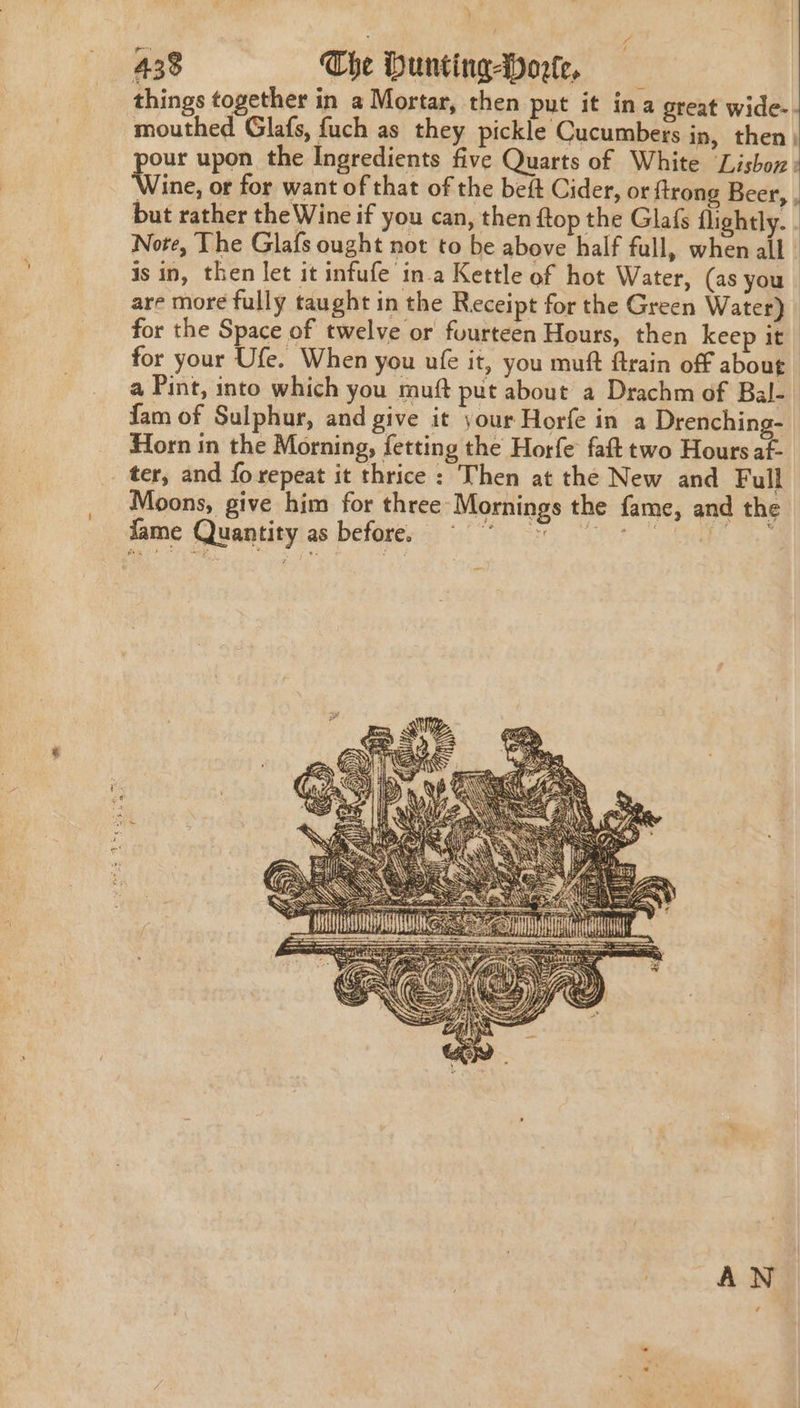 } 438 The Dunting-Porte, things together in a Mortar, then put it ina great wide- mouthed Glafs, fuch as they pickle Cucumbers in, then. pour upon the Ingredients five Quarts of White ‘Lisbon : ‘Wine, or for want of that of the beft Cider, or {trong Beer, , but rather the Wine if you can, then ftop the Glafs flightly. Note, The Glafs ought not to be above half full, when all is in, then let it infufe ina Kettle of hot Water, (as you | are more fully taught in the Receipt for the Green Water) for the Space of twelve or fuurteen Hours, then keep it for your Ufe. When you ufe it, you muft flrain off about a Pint, into which you muft put about a Drachm of Bal- fam of Sulphur, and give it jour Horfe in a Drenching- Horn in the Morning, fetting the Horfe faft two Hours bs ter, and forepeat it thrice: Then at the New and Full Moons, give him for three Mornings the fame, and the fame Quantity as before. a SATO oe Stead