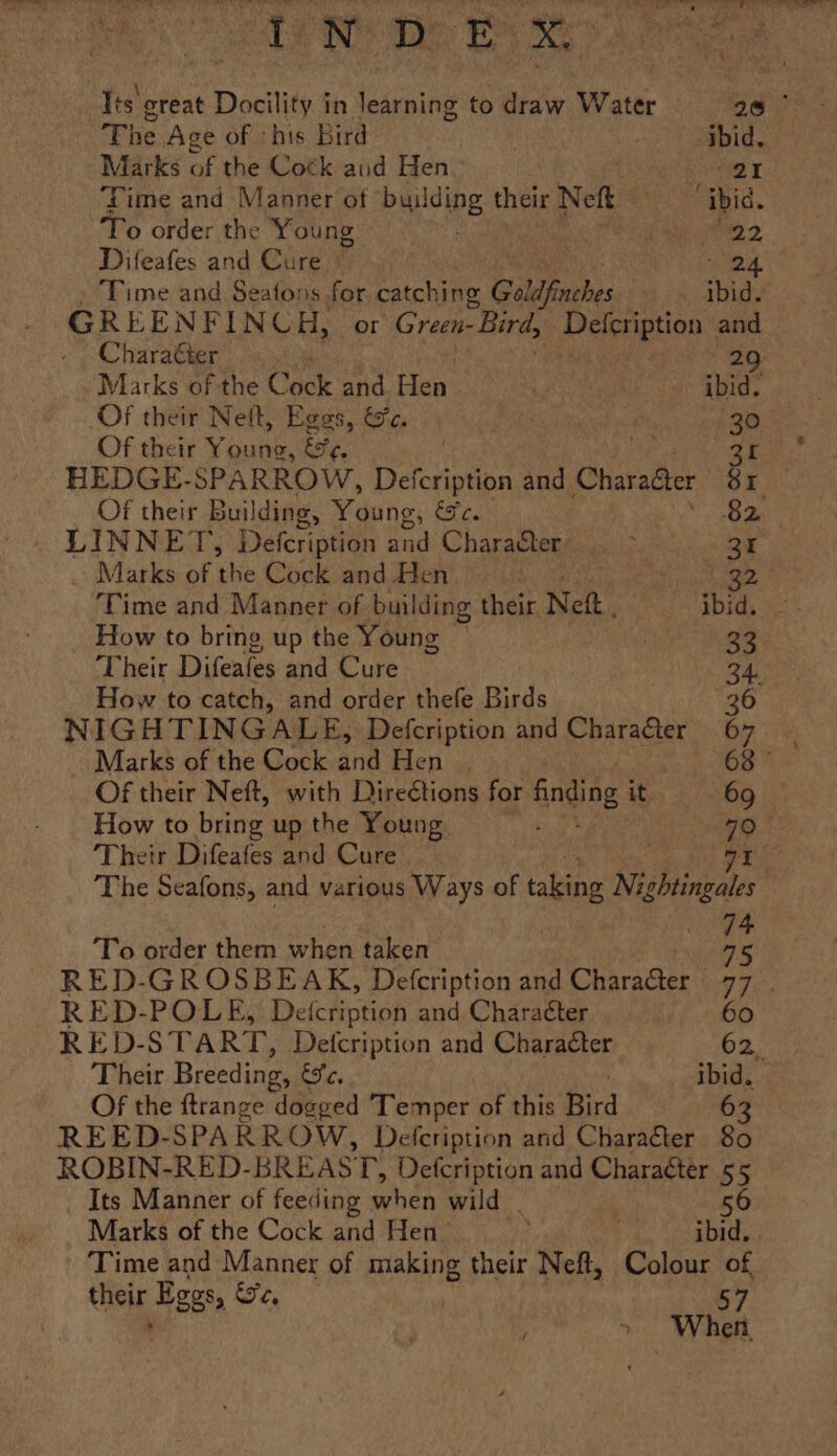 Its great Docility in learning to draw Water bir de The Age of ‘his Bird is ibid. Marks of the Cotk aud Hen Or Time and Manner of building their Neft “ibid. To order the Young Cy 2 Difeafes and Cure » 24. Time and Seatons for Eiichi Goldfinches i OR. Mid. GREENFINCH, or Green- Bird, Peston and Character 29 Marks ofthe Cack and. Hen | ibid. Of their Neft, Egos, Ge. i Roan 30 Of their Young, &amp;e — 31 HEDGE- SPARROW, Delcriotin and CharaGter Te Of their Building, Young, EF ec. 82, LINNET, Defcription and CharaSter : 31 Marks of the Cock and Hen | | 32° ‘Time and Manner of building their Nett , ibid. .- How to bring up the Young ~ | 33 Their Difeafes and Cure nT a How to catch, and order thefe Birds 26 NIGHTINGALE, Defcription and Character ee Marks of the Cock and Hen | ol GOR Of their Neft, with Directions for finding it 69 How to bring. up the Young. ‘ 79 Their Difeafes and Cure we The Seafons, and various Ways of taking Nightingales 4 To order them when taken i RED-GROSBEAK, Defcription and Character oe he RED-POLE, Deicription and Charaéter 60 RED-ST ART, Detcription and Character 62. Their Breeding, Fe, ibid. Of the ftrange dogged ‘Temper of this Bird 63 REED-SPARROW, Defcription and Character 80 ROBIN-RED-BREAS LP, Defcription and Character 55 Its Manner of feeding shen wild | 56 Marks of the Cock and Hen ibid. . Time and Manner of making their Neft, Colour of their Eggs, Se, 57 | ‘ &gt; When