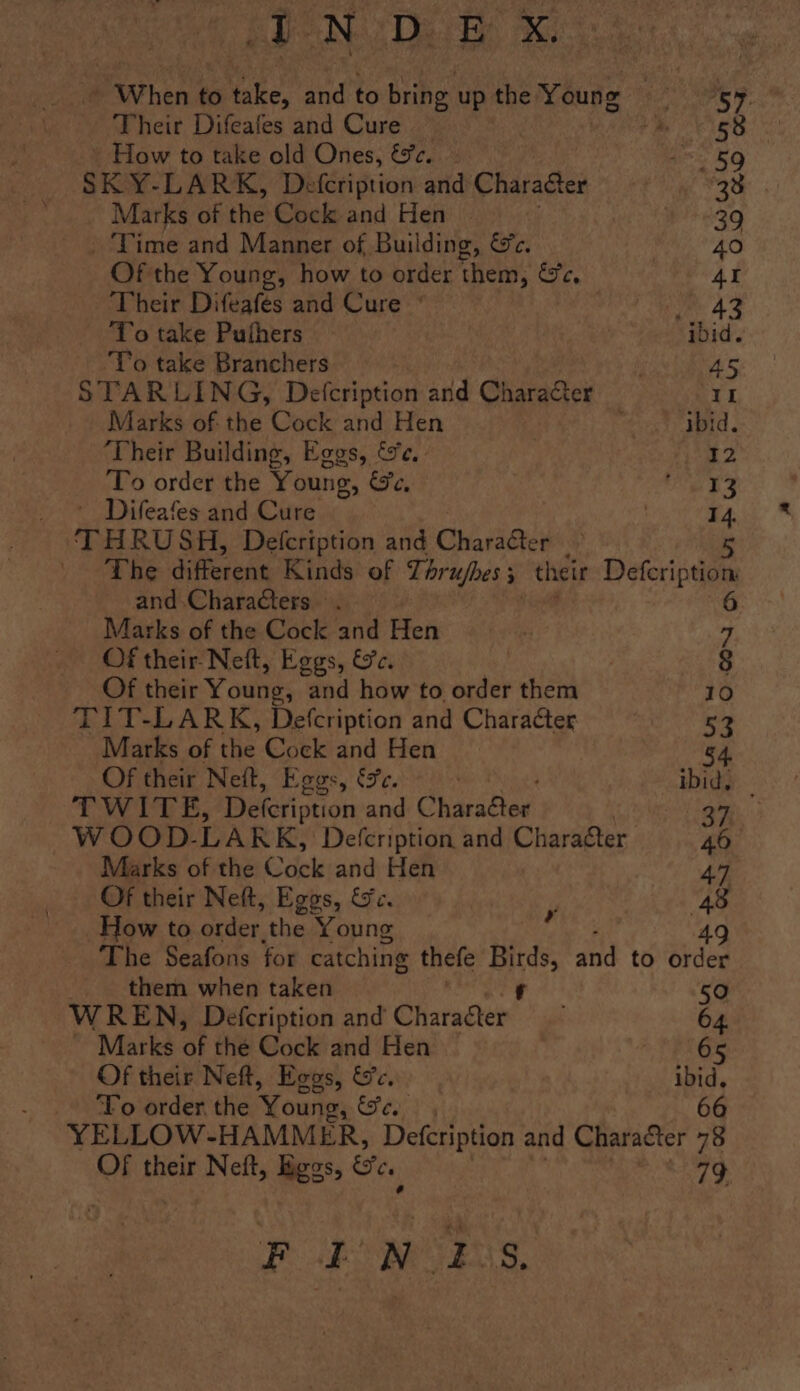 EP ON Dares % When to take, and to bring. up the Young = = 57. Their Difeafes and Cure th 58 - How to take old Ones, &amp;c. ai, RO SK Y-LARK, Defcription and Character | 23 Marks of the Cock and Hen | 39 - Time and Manner of Building, &amp;e. 40 Of the Young, how to order ‘them, Se, 41 Their Difeafes and Cure ° eA To take Puthers — ibid. ‘To take Branchers 45 STARLING, Detcription and Character II Marks of: the Cock and Hen ibid. ‘Their Building, Eggs, &amp;e. - pkS: @: To order the Young, ‘Fe, ees ~ Difeafes and Cure | 14. THRUSH, Defcription and CharaG@er 5 The different Kinds of Thrujhes 3 their Defeription and. Characters. . | 6 Marks of the Cock and Hen | 7 Of their Neft, Eggs, &amp;c. | | 8 Of their Young, and how to order them 10 TIT-LARK, Defcription and Character 53 Marks of the Cock and Hen 84 Of their Neft, Eggs, &amp;e. . ibid, TWITE, eeorion and C haribied | 37 WOOD. LARK, -Defcription and Character 40 Marks of the Cock:and Hen 47 Of their Neft, Eggs, &amp;e. 48 How to order. the Young : 49 The Seafons for catching thefe Birds, and to order _. . them when taken f 50 WREN, Defcription and Charwaer : 64. ~ Marks oF thé Cock and Hen 65 Of their Neft, Eggs, &amp;c. ibid, To order the Young, Or euia' 66 YELLOW-HAMMER, Defcription and Character 78 Of their Neft, Eggs, Se. Say k' PE OES,