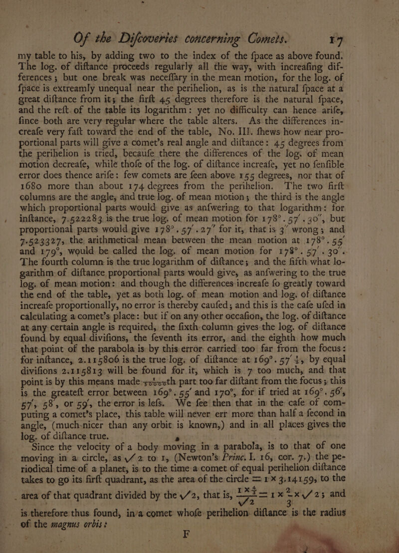 » ~ Of the Difcoveries concerning Comets. rt my table to his, by adding two to the index of the fpace as above found. The log. of diftance proceeds regularly all the way, with increafing dif- ferences ; but one break was neceffary in the mean motion, for the log. of fpace is extreamly unequal near the perihelion, as is the natural fpace at a great diftance from its; the firft 45 degrees therefore is the natural fpace, and the reft. of the table its logarithm: yet no difficulty can hence arife, fince both are very regular where the table alters. As the differences in- creafe very faft toward the end of the table, No. III. fhews how near pro- portional parts will give a comet’s real angle and diftance: 45 degrees from the perihelion is tried, becaufe there the differences of the log. of mean motion decreafe, while thofe of the log. of diftance increafe, yet no fenfible error does thence arife: few comets are feen above 155 degrees, nor that of 1680 more than about 174 degrees from the perihelion. The two firft columns are the angle, and true log. of mean miotion; the third is the angle which proportional parts would: give as anf{wering to that logarithm: for inftance, 7.522283 is the true log. of mean motion for 178°. 57’. 30°, but proportional parts would give 178°.57°.27” for it, that is 3” wrong; and 7.523327, the, arithmetical mean between the mean motion at 178°. 55 and 179°, would be called the log. of mean motion for 178°. 57 . 30. The fourth column: is the true logarithm of diftance; and the fifth what lo- garithm of diftance proportional parts would give, as an{wering to the true log. of mean motion: and though the differences increafe fo greatly toward the end of the table, yet as both log. of mean motion and log, of diftance increafe proportionally, no error is thereby caufed; and this is the cafe ufed in calculating acomet’s place: but if on any other occafion, the log. of diftance at any certain angle is required, the fixth column gives the log. of diftance found. by equal divifions, the feventh its error, and the eighth how much that point of the parabola is by this:error carried too far from the focus: for inftance, 2.115806 is the true log, of diftance at 169°. 57 4, by equal divifions 2.115813 will be found for it, which is 7 too much, and that point is by this means made:+s%seth part too far diftant from the focus: this is the greateft error between 169°. 55’ and 170°, for if tried at 169°. 56’, 57, 58 or 59, theerror is lefs. We fee then that im the cafe of com- puting a comet’s place, this table will never err more than half a fecond in angle, (much-nicer than any orbit is known,) and in: all places gives the log. of diftance true. * | Since the velocity of a body: moving in a parabola, is to that of one moving in a circle, as \/ 2 to 1, (Newton’s: Princ, I. 16, cor. 7.) the pe- riodical time of a planet, is to the time a comet of equal perihelion diftance takes to go its firft quadrant, as the area of the circle = rx 3.14159; to the _ area of that quadrant divided by the 4/2, that is, [3 Ix SR / 23 and | | | &gt; is therefore thus found, in/a comet whofe: perihelion. difltance is the radius _ Of the magnus orbis: | bs ie piece  ,; FE oo : . ,