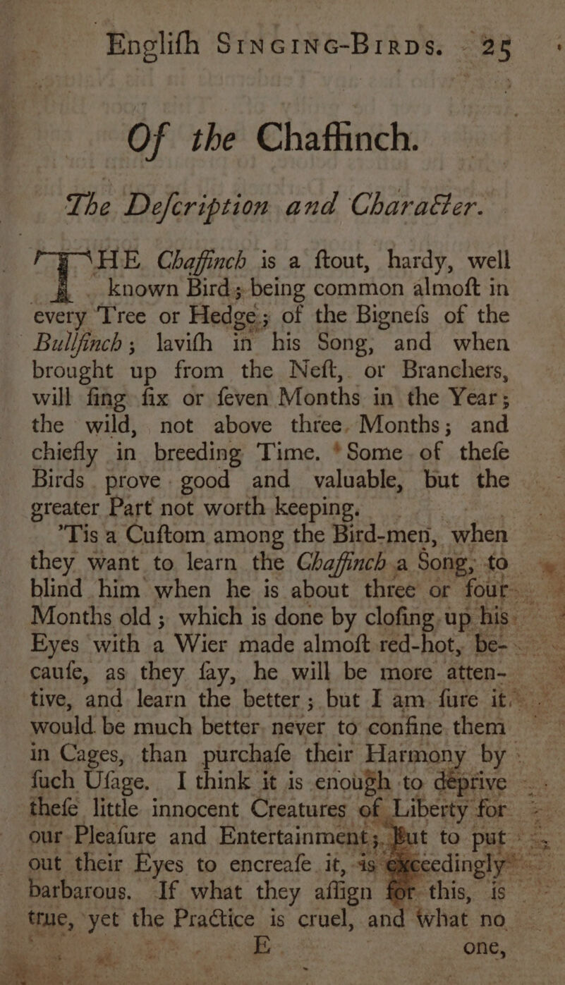 Of the Chaffinch. The Defcription and Chara€er. ‘HE. Chafinch is a ftout, hardy, well known Bird; being common almoft in every Tree or Hedge; of the Bignefs of the Bullfinch; \avith in his Song, and when brought up from the Neft, or Branchers, will fing fix or feven Months in’ the Year ; the wild, not above three. Months; and chiefly in breeding Time. *Some. of thefe Birds. prove. good and valuable, but the greater Part not worth keeping, __ | ’Tis a Cuftom among the Bird-men, “when : they want to learn the Chafinch.a Song, $0. ie blind him’ when he is about three or four. Months old ; which is done by clofing up hiss Eyes with a Wier made almoft red-hot, Yer caufe, as they fay, he will be more atten- _ tive, and learn the better ; but I am fure it’ would be much better, never to confine them in Cages, than purchafe their Harmony by » fuch Ufage. I think it is enough to deprive — . thefe little innocent Creatures of Liberty fo our -Pleafure and Entertainment 5. Be mt out their Eyes to encreafe it, 4s @geecdingly barbarous. If what they aflign @r-this, is &gt;&gt; : true, yet oe. Practice is cruel, and what no Sia eae a one, a a. te ; i *) wo aie oer : 3 oes ara es Alin ee