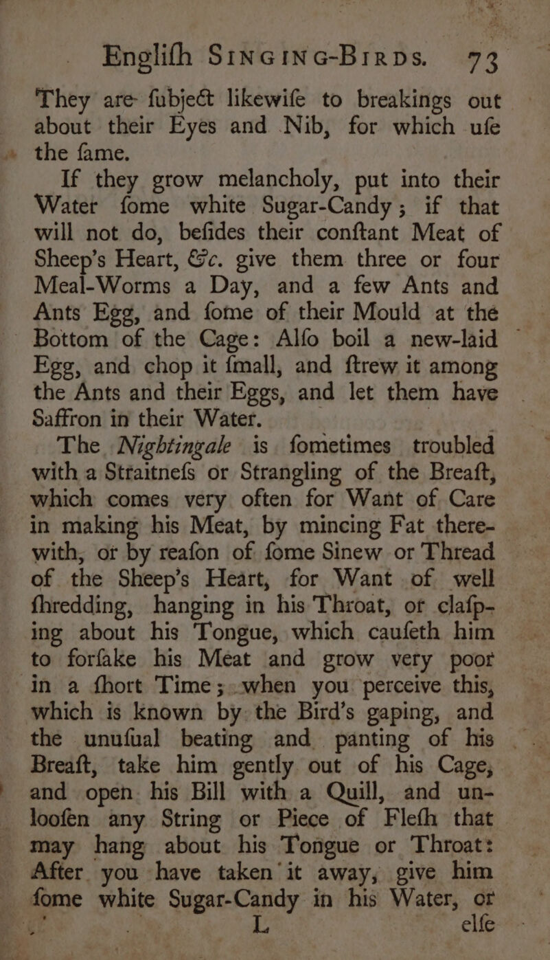 & They are fubject likewife to breakings out about their Eyes and Nib, for which ufe the fame. If they grow melancholy, put into their Water fome white Sugar-Candy; if that will not do, befides their conftant Meat of Sheep’s Heart, &c. give them three or four Meal-Worms a Day, and a few Ants and Ants Egg, and fome of their Mould at the Ege, and chop it fmall, and ftrew it among the Ants and their Eggs, and let them have Saffron in their Water. : ' The Nightingale is fometimes troubled with a Straitnefs or Strangling of the Breaft, which comes very often for Want of Care in making his Meat, by mincing Fat there- with, or by reafon of fome Sinew or Thread of the Sheep’s Heart, for Want of well fhredding, hanging in his Throat, of clafp- ing about his Tongue, which caufeth him to forfake his Meat and grow very poor which is known by. the Bird’s gaping, and Breaft, take him gently out of his Cage, and open. his Bill with a Quill, and un- loofen any String or Piece of Flefh that After you have taken’it away, give him elfe