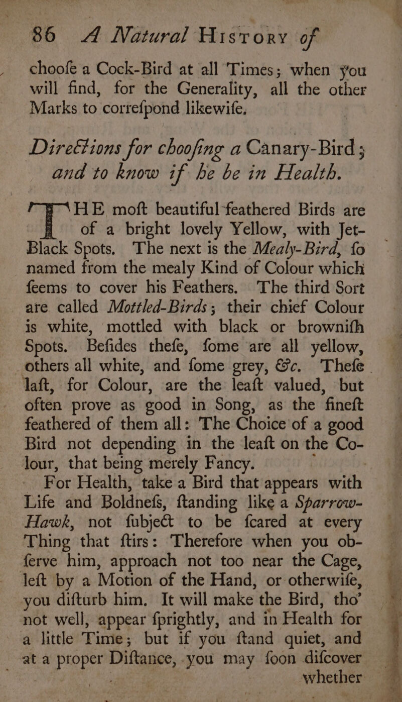 choofe a Cock-Bird at all Times; when you will find, for the Generality, all the other Marks to correfpond likewife. Dire&ions for choofing a Canary-Bird 5 and to know if be be in Health. HE moft beautiful-feathered Birds are of a bright lovely Yellow, with Jet- Black Spots. The next is the Mealy-Bird, fo named from the mealy Kind of Colour which feems to cover his Feathers. The third Sort are called Mottled-Birds; their chief Colour is white, mottled with black or brownifh Spots. Befides thefe, fome are all yellow, others all white, and fome grey, &c. Thefe | laft, for Colour, are the leaft valued, but often prove as good in Song, as the fineft feathered of them all: The Choice’ of a good Bird not depending in the leaft on the Co- Jour, that being merely Fancy. : For Health, take a Bird that appears with Life and Boldnef, ftanding like a Sparrow- Hawk, not fubject to be feared at every ay hing that ftirs: Therefore when you ob- ferve him, approach not too near the Cage, left by a Motion of the Hand, or otherwife, you difturb him. It will make the Bird, tho’ not well, appear fprightly, and in Health for a little Time ; but if you ftand quiet, and ata eon Diftance, you may foon difcover _ . whethtr 4