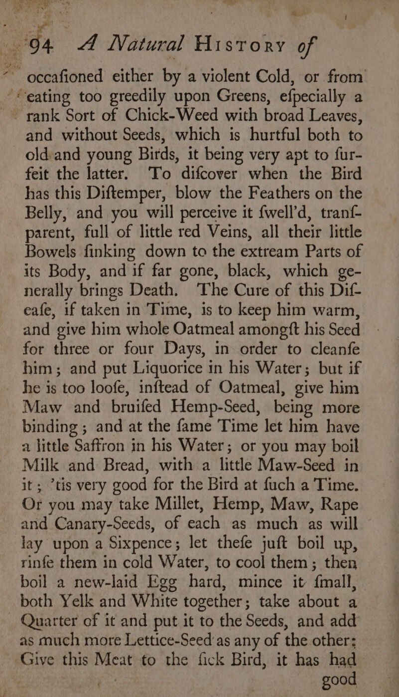 ait * i of and without Seeds, which is hurtful both to old:and young Birds, it being very apt to fur- feit the latter. To difcover when the Bird has this Diftemper, blow the Feathers on the Belly, and you will perceive it {well’d, tranf- parent, full of little red Veins, all their little Bowels finking down to the extream Parts of its Body, and if far gone, black, which ge- nerally brings Death, The Cure of this Dif eafe, if taken in Time, is to keep him warm, and give him whole Oatmeal amongtt his Seed for three or four Days, in order to cleanfe him; and put Liquorice in his Water; but if he is too loofe, inftead of Oatmeal, give him Maw and bruifed Hemp-Seed, being more binding ; and at the fame Time let him have a little Saffron in his Water; or you may boil Milk and Bread, with a little Maw-Seed in it; “tis very good for the Bird at fuch a Time. Or you may take Millet, Hemp, Maw, Rape and Canary-Seeds, of each as much as will lay upon a Sixpence; let thefe juft boil up, rinfe them in cold Water, to cool them; then boil a new-laid Egg hard, mince it {mall, both Yelk and White together; take about a Quarter of it and put it to the Seeds, and add as much more Lettice-Seed’as any of the other; Give this Meat to the fick Bird, it has had | ee good