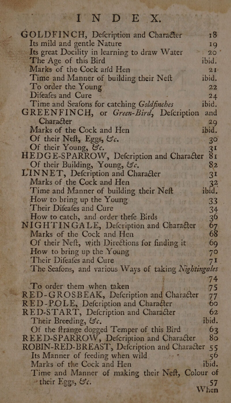 | wisi SS ee PELE DEED. 4 aD GOLDFINCH, Defcription and Charaéter 18 Re Its mild and gentle Nature 19 | ee Its great Docility i in learning to draw Water * 20° tthe Age of this Bird ibid. Marks of the Cock arid Hen 21 Time and Manner of building their Nett ibid. To order the Young” 22 Difeafesand Cure —. 24. Time and Seafons for catching Goldfinehes ibid. GREENFINCH, or Green-Bird, Defcription and Character 29 Marks of the Cock and Hen ibid. Of their Neft, Eggs, &amp;c. 30 Of their Young, wr, 31 HEDGE-SPARROW, Defcription and Charaéter 81 Of their Building, Young, &amp;e, 82 LINNET, Defcription and Charaéer 31 Marks of the Cock and Hen 32 ‘Time and Manner of building their Neft ibid, How to bring up the Young B23. . Their Difeafes and Cure 34 How to catch, and order thefe Birds : 26 NIGHTIN GALE, Defcription and Character . 67 Marks of the Cock and Hen 68 Of their Neft, with DireCtions for finding it 69 How to bring up the Young 70 . Their Difeafes and Cure 71. ‘The Seafons, and various Ways of taking Nightingales ; 74 To order them when taken 75 te RED-GROSBEAK, Defcription and Chara@ter 77 ~RED-POLE, Defcription and Charaéter 60 -RED-START, Defcription and Charaéer 62 Their Breeding, &amp;SFe, | ibid. Of the ftrange dogged ‘Temper of this Bird 63 REED-SPARROW, Defcription and Character 80 ROBIN-RED-BRE AST, Defcription and Corea 55 Its Manner of feeding when wild 56 Marks of the Cock and Hen ibid. Time and Manner of making their Neft, Colour of | their Eggs, &amp;e. a % 57 When