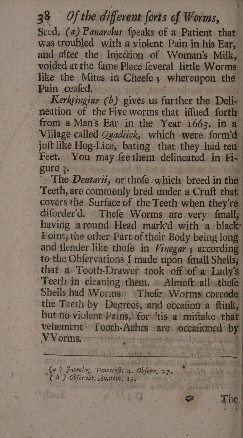 Seed; (4) Panarolus: fpeaks of a Patient that was troubled with a violent Pain in his Ear, — and after the Injection of Woman's Milk, voided at the fame Place feveral little Worms like the Mites in Cheefe ; whereupon thé Pain ceafed. wid! onto if aa tee Kerkringius (b) gives.us further the Deli- neation of the Five worms that iffued forth from a Man's Ear in the Year 1663. in a Village called Quadiick, which» were form’d | juft like Hog-Lice, bating that they had ten Feet. You may feethem delineated in Fi, | gure 33 ti ME LS Fa … The Dentari, or thofe which breed in the. Teeth, are commonly bred under a Cruft that | covers the Surface of the Teeth when they're diforder'd. Thefe Worms are very {mall; having around Head mark’d with a : black: Foint; the other Part of their Body being long | and flender like thofe in Vinegar ; according to the Obfervations { made upon {mall Shells, that a Tooth-Drawer took off iofvar Lady's Teeth in cleaning them. | Almofbyallethefe Shells had Worms: \Thefe: Worms: corrode the Teeth by Degrees, and occañonta ftink, but no violent Pains,! forv’tis a imiftake that vehement footh-Aches sare: occafioned by er (a ) Fatrolor. Pentecoff: 4. Obfery, aha À . “(6 /) Obfervat, Anatom agit 0% | &amp; The |