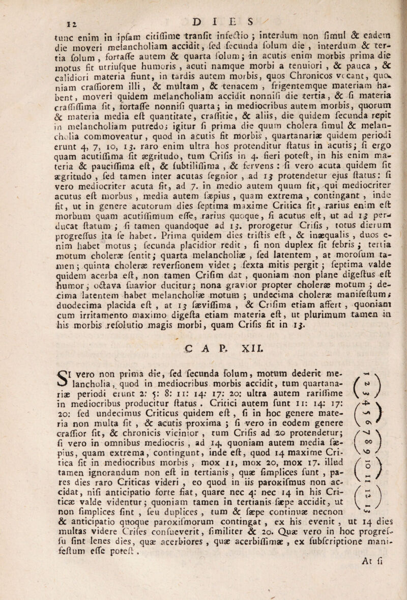 DIES tunc enim in ipram citiffinie tranfit infedEo ; interdum non fimul dc cadeni die moveri melancholiam accidit, Eed fecunda folum die , interdum Sc ter¬ tia folum , forralie autem & quarta folum j in acutis enim morhis prima di^ motus fit luriufque humoris , acuti namque morbi a tenuiori , & pauca , & calidiori materia fiunt, in tardis autem morbis, quos Chronicos vccant, qucx niam craffiorem illi, & multam , & tenacem , frig*entemque materiam ha¬ bent , moveri quidem melancholiam accidit nonnifi die tertia, Sc fi materia crafTilTima fit, fortalTe nonnifi quarta; in mediocribus autem morbis, quorum Sc materia media eft quantitate, crafiitie, Sc aliis, die quidem fecunda repit in melancholiam putredo i igitur fi prima die quum cholera fimul Sc melan¬ cholia commoveatur , quod in acutis fit morbis , quartanariae quidem periodi erunt 4, 7, 10, 15. raro enim ultra hos protenditur ftatus in acutis; fi ergo quam acutiffima fit aegritudo, tum Crifis in 4. fieri potefi:, in his enim ma¬ teria Sc pauciffima eft , Sc fubtiliftima , Sc fervens : 11 vero acuta quidem fit aegriuido , fed tamen inter acutas fegnior , ad 15 protendetur ejus ftatus : fi vero mediocriter acuta fit, ad 7. in medio autem quum fit, qui mediocriter acutus eft morbus , media autem faepius , quam extrema , contingant , inde fit, ut in genere acutorum dies feptima maxime Critica fit, rarius enim eft morbum quam acutiftimum effe, rarius quoque, fi acutus eft, ut ad per-^ ducat ftatum ; fi tamen quandoque ad 15. prorogetur Crifis , totus dierum progreffus ita fe habet. Prima quidem dies triftis eft, Sc inaequalis, duos e- nim habet motus ; fecunda placidior redit , fi non duplex fit febris ; tertia motum cholerae fentit; quarta melancholiae , fed latentem , at morofum ta¬ men; quinta cholerae reverfio.nem videt; fexta mitis pergit; feptima valde quidem acerba eft, non tamen Crifim dat , quoniam non plane digeftu? eft humor; odfava fuavior ducitur; nona gravior propter choleras motum ; de¬ cima latentem habet melancholiae motum ; undecima cholerae manifeftumi duodecima placida eft , at faevifllma , & Crifim etiam affert , quoniasi cum irritamento maximo digefta etiam materia eft, ut plurimum tamen in his morbis refoltitio magis morbi, quam Crifis fit in ij. A P. XII. SI vero non prima die, fed fecunda folum, motum dederit me¬ lancholia, quod in mediocribus morbis accidit, tum quartana¬ riae periodi erunt 2: 5: 8; ii; 14; 17; 20: ultra autem rariffime in mediocribus producitur ftatus . Critici autem funt ii: 14: 17: 20; fed undecimus Criticus quidem eft , fi in hoc genere mate¬ ria non multa fit , & acutis proxima ; fi vero in eodem genere craffior fit, & chronicis vicinior , tum Crifis ad 20 protendetur; fi vero in omnibus mediocris , ad 14. quoniam autem media fas- pius7 quam extrema, contingunt, inde eft, quod 14 maxime Cri¬ tica fit in mediocribus morbis , mox ii, mox 20, mox i7« tamen ignorandum non eft in tertianis , quae fimplices funt , pa¬ res dies raro Criticas videri , eo quod in iis paroxifmus non ac¬ cidat, nifi anticipatio forte fiat, quare nec 4: nec 14 in his Cri¬ ticae valde videntur; quoniam tamen in tertianis faepe accidit, ut non fimplices fint , feu duplices , tum Sc faepe continuae necnon & anticipatio quoque paroxifmorum contingat , ex his evenit , ut 14 dies multas videre Crifes confueverit, fimiliter & 20. Quae vero in hoc progref- fu fint lenes dies, quae acerbiores , quae acerbiflimae , ex fubfcriptione mani- feftum effe poteft . At fi