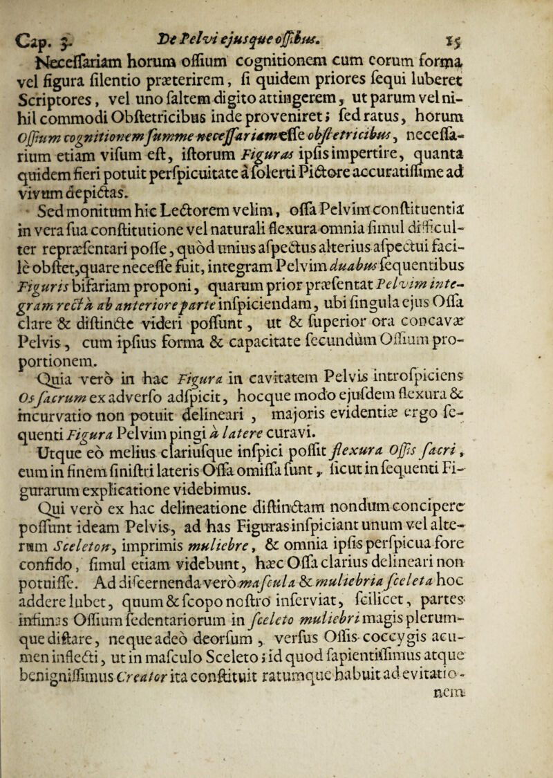 Neceflariam horum offium cognitionem cum eorum forifl^ vel figura filentio praeterirem, fi quidem priores fequi luberet Scriptores, vel uno faltem di gito attingerem, ut parum vel ni¬ hil commodi Obftetricibus inde proveniret; fedratus, horum Offium cognitionemflumme neceflfarumt&i obftetriribus, neceffa- rium etiam vifum eft, iftorum Figuras ipfis impertire, quanta quidem fieri potuit perfpicuitate afolerti Pi&ore accuratimme ad vivum aepi&as. Sed monitum hic Le&orem velim, offa Pelvim conftituentia in vera fua conftitutione vel naturali flexura omnia fimul dificul- ter reprxfentari pofle, quod unius afpe&us alterius afpectui faci¬ le obftet,quare neceffe fuit, integram Pelvim ^z^fequentibus Figuris bifariam proponi, quarum prior praffentat Pelvim inte¬ grum recta ab anteriore farte infpiciendam, ubi fingula ejus Offa clare & diftinfte videri poffunt, ut & fuperior ora concava Pelvis , cum ipfius forma & capacitate fecundum Offium pro¬ portionem. Quia vero in hac Figura in cavitatem Pelvis introfpiciens Osfaerum ex adverfo adfpicit, hocque modo ejufdem flexura & incurvatio non potuit delineari , majoris evidentia? ergo fe- quenti Figura Pelvim pingi a latere curavi. Utque eo melius clariufque infpici poffit flexura Offis faer i, eum in finem finiftri lateris Offaomiffa funt y licut in fequenti Fi¬ gurarum explicatione videbimus. Qui vero ex hac delineatione diftin&am nondum concipere poffunt ideam Pelvis , ad has Figuras infpiciant unum vel alte¬ rum Sceleton, imprimis muliebre, & omnia ipfis perfpicua fore confido, fimul etiam videbunt, ha?c Offa clarius delineari non potuiffe. Ad dffeernenda veromafcula &multebriaflceleta hoc adderelubct, quum&fcoponcftro inferviat, fcilicct, partes* infimas Offium fedentariorum in fcelcto muliebri magis plerum¬ que diftare, neque adeo deorfum , verfus Ollis coccygis acu¬ men inflefti, ut in mafculo Sceleto; id quod fapientiffimus atque benigniffimus Creator ita conftituit ratumque habuit ad evitatio - nent