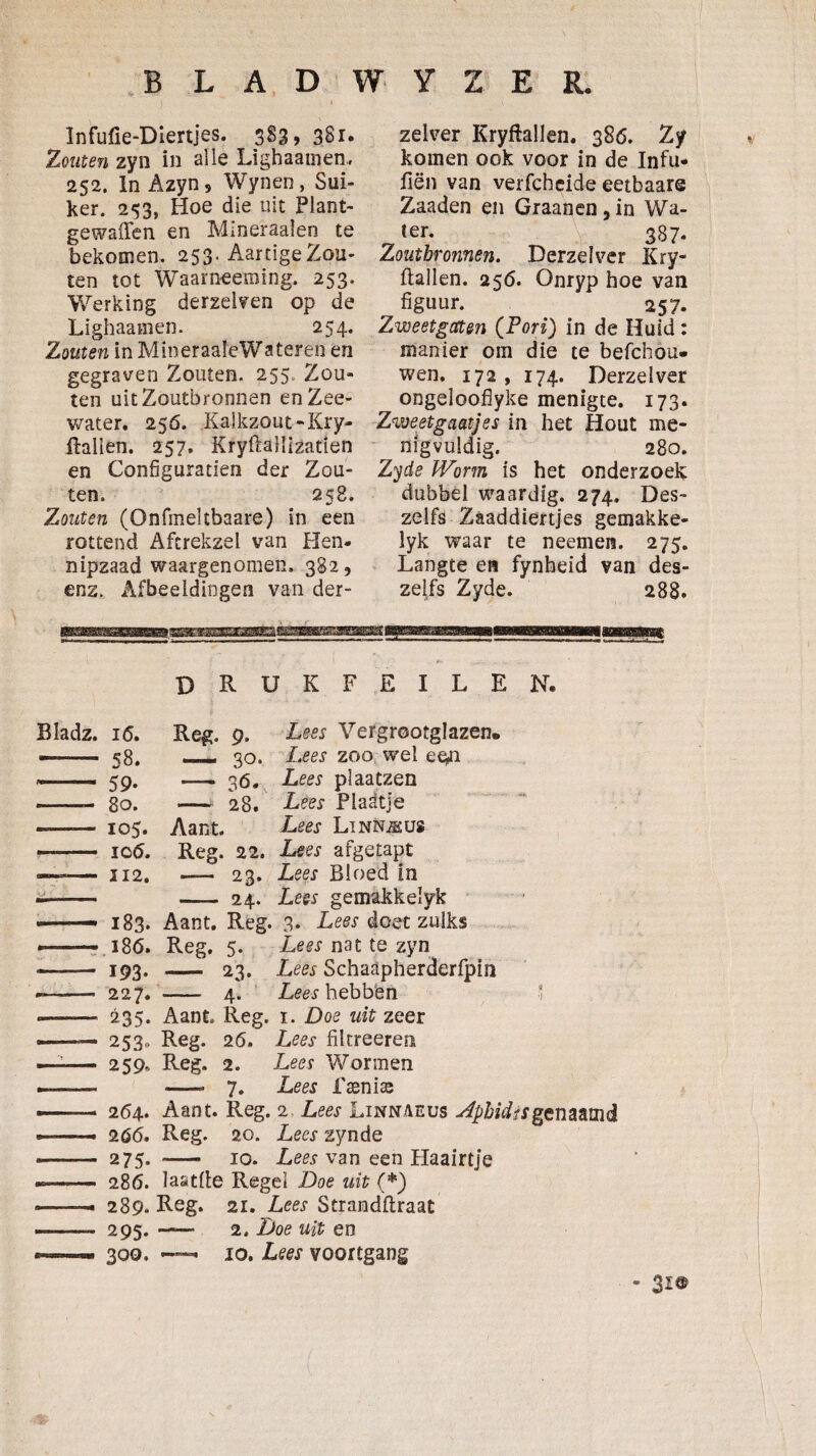 Infufie-DIerijes. 3S3, 381. Zouten zyn in al ie Lighaamen., 252. InAzyn, Wynen, Sui¬ ker. 253, Hoe die uit Plant- gewaffcn en Mlneraalen te bekomen. 253. AartigeZou¬ ten tot Waarneeming. 253. Werking derzelfen op de Lighaainen. 254. Zouten in Min er aale Wateren en gegraven Zouten. 255. Zou¬ ten uitZoutbronnen en Zee¬ water. 256. Kalkzout-Kry- flallen. 257. Kryftailizatien en Configuratien der Zou¬ ten. 258. Zouten (Onfmeltbaare) in een rottend Aftrekzel van Hen- nipzaad waargenomen. 382, enz. Afbeeldingen van der- zelver Kryftallen. 386. Zy komen ook voor in de Infu- fiën van verfchcide eetbaar® Zaaden en Graancn, in Wa- ter. 387. Zoutbronnen. Derzelver Kry¬ ftallen. 256. Onryp hoe van figuur. 257. Zweetgaten (Pori) in de Huid: manier om die te befchou- wen. 172 , 174. Derzelver ongelooflyke menigte. 173. Zweetgaatjes in het Hout me¬ nigvuldig. 280. Z^de Worm is het onderzoek dubbel waardig. 274. Des- zelfs Zaaddiertjes gemakke- lyk waar te neemen. 275. Langte en fynbeid van des- zelfs Zyde. 288. drukfeilen. Bladz. 16. Ree. 0. Lees Vergrootglazen. Lees zoo wel eem Lees plaatzen Lees Pladtje Lees Linn.®us Lees afgetapt Lees Bloed in Lees gemakkelyk Aant. Reg. 3. Lees doet zulks r.i86. Reg, 5. Lees nat te zyn 23. Lees Schaapherderfpin 4. Lees hebbfen 16. 58. 59- 80. 105. 106. Ï12. 183. Reg. 9. — 30- ' ■ 3^* - 28. Aant. Reg. 22. — 23. 2 193- 227. 235‘ 253- 259. 264., 266. 275. 286. 289* 295. 300, Aant. Reg. i. Doe uit zeer Reg. 26. Lees filtreeren Reg. 2. Lees Wormen - 7. Lees fsenias Aant. Reg. 2 Lees Linnaeus ^phidisgtmmxidi. Reg. 20. Lees zynde - 10. Lees van een Haalrtje laatfte Regel Doe uit (*) Reg. 21. Lees Strandftraat - 2. Doe uit en —• 10. Lees voortgang