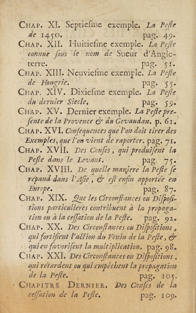 de 14JO. pag. 45). Chap. XiL Fîuitielirie exemple. Pefie comiu'e fous le nom de Sueur d'Angle¬ terre. pag. 51. Chap. XIIL Ncuvielme exemple. Lu. Pefie de Hmgrle, P‘-g* 5 5* Chap. XIV. Dixiefmc exemple. Lu Pefie du dernier Siècle^ 59* Chap. XV. Dernier exemple. Lu Pefie fiente de lu Provence du Gevuudan, p. (jî. Chap. XVI. ConfecjMemes (gue Poîtdoit tirer des Exemples^ que P on vient de ruporter, pag. 71. Chap. XVII. Des Cmfies, qui produifient lu Pefie dans le Levant, 15* Chap. XVIII. De quelle manfire lu Pefie fie repund duns PAfie , (y ejl enfin apportée en Europe, pag. 87* Chap. XIX. ^e les Circonfiances ou Difipofir^ tiens particulières contribuent u lu propaga¬ tion ou U lu ceffation de lu Pefie, pag. 5; 2 • Chap. XX. Des Circonfiances ou Dijpojitîons ^ qui fortifient P action du Venin-de lu Pefie, ép qui en fuvorifient la multiplication, pag. p8» Chap. XXL Des Circonfiunces ou Dijpofitîions , qui retardent ou qui crnpèchent lu propagation' de lu Pefie, pag. loj. Chapitre Dernier. Des Caufis de lu ceffation de lu Pefie, pag. lop.