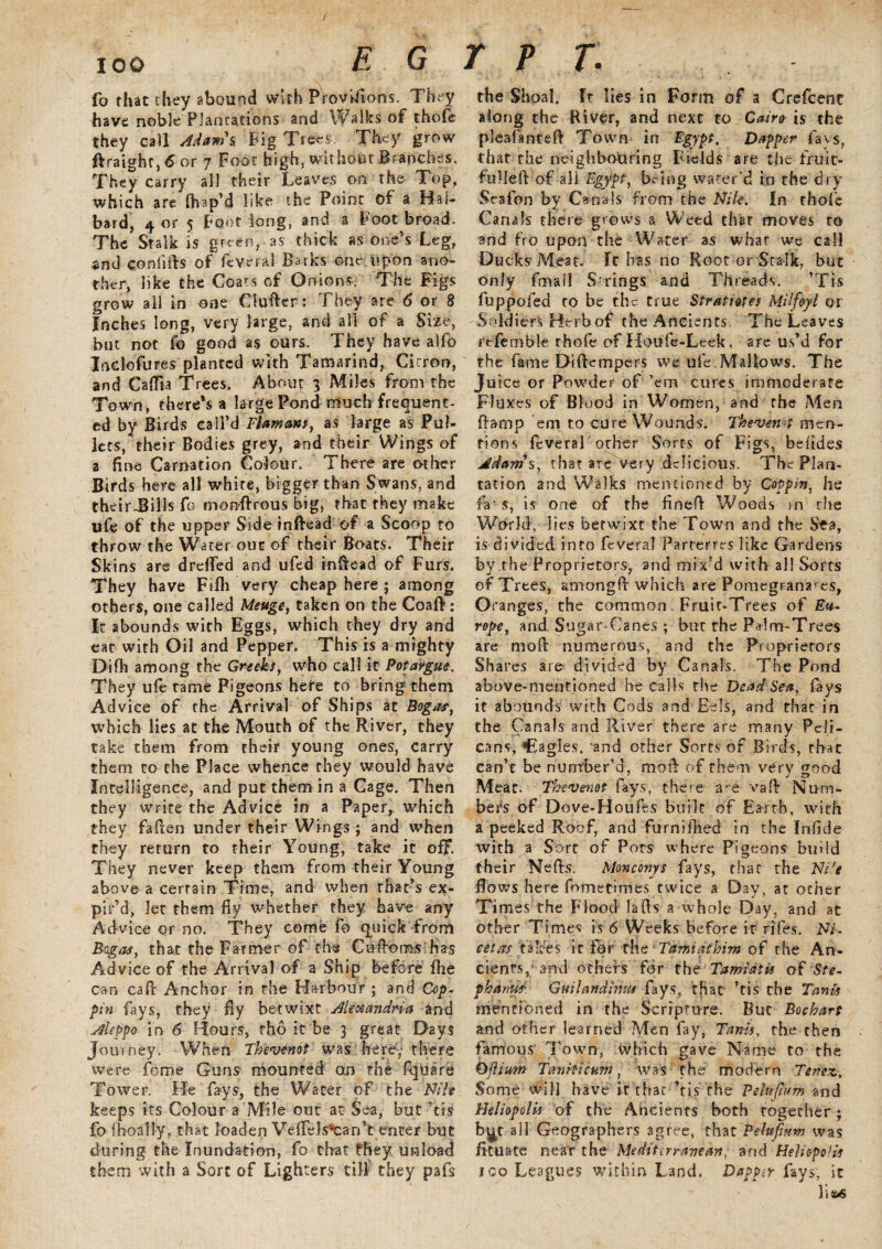 / ioo E G fo that they abound with Provkftons. They have nob]e Plantations and Walks of thofe they call Adam's Fig Trees They grow ffraight,<5 or 7 Foot high, wit hout Branches. They carry all their Leaves on the Top, which are fhap’d like the Point of a Hal¬ bard, 4 or 5 Foot long, and a Foot broad. The Stalk is green, as thick as one’s Leg, and confifts of feveral Barks one upon ano¬ ther, like the Coats of Onions-. The Figs grow all in one Cluder: They are 6 or 8 Inches long, very large, and all of a Size, but not fo good as ours. They have alfo Inclofures planted with Tamarind, Citron, and Caflta Trees. About 3 Miles from the Town, there’s a large Pond much frequent¬ ed by Birds call’d Flamms, as large as Pul¬ lets, their Bodies grey, and their Wings of a fine Carnation Colour. There are other Birds here all white, bigger than Swans, and their-Bills fo monftrous big, that they make tife of the upper Side inftead of a Scoop to throw the Water out of their Boats. Their Skins are drefled and ufed indead of Furs. They have Fifli very cheap here ; among others, one called Meuge, taken on the Coaft: It abounds with Eggs, which they dry and eat with Oil and Pepper. This is a mighty Difh among the Greeks, who call it Pot argue. They ufe tame Pigeons here to bring them Advice of the Arrival of Ships at Bogaf, which lies at the Mouth of the River, they take them from their young ones, carry them to the Place whence they would have Intelligence, and put them in a Cage. Then they write the Advice in a Paper, which they fafeen under their Wings ; and when they return to their Young, take it off. They never keep them from their Young above a certain Time, and when that’s ex¬ pir’d, let them fly whether they have any Advice or no. They come fo qmick from Bagas, that the Farmer of the Cu donas has Advice of the Arrival of a Ship before fhe can cad Anchor in the Harbour ; and Cop- pm fays, they By betwixt Alexandria and Aleppo in 6 Hours, rho it be 3 great Days Journey. When Thevenot was here; there were feme Guns mounted on the fquare Tower. He fays, the Water of the Nile keeps its Colour a Mile out at Sea, but ’tis fo fhoally, that loaden Veflels^can’t enter but during the Inundation, fo that they unload them with a Sort of Lighters till they pafs r p r. the Shoal, ft lies in Form of a Crefcenc along the Fiver, and next to Cairo is the pleafanted Town in Egypt. Dapper fays, that the neighbouring Fields are the fruit- fulled of all Egypt, being water’d in the dry Srafon by Canals from the Nile. In thofe Canals there grows a Weed that moves to and fro upon the Water as what we call Ducks Meat. It has no Root or Stalk, but only fmall Springs and Threads. ’Tis fuppofed to be the true Stratietes Milfoyl or Soldiers Herb of the Ancients. The Leaves refemble rhofe of Houfe-Leek, are us’d for the fame Diftempers we life Mallows. The Juice or Powder of ’em cures immoderate Fluxes of Blood in Women, and the Men damp 'em to cure Wounds. The<ven<<t men¬ tions feveral other Sorts of Figs, befides Adam's, that are very delicious. The Plan¬ tation and Walks mentioned by CoPpm, he fa’ s, is one of the fined Woods sn the World, lies betwixt the Town and the Sea, is divided into feveral Parterres like Gardens by the Proprietors, and mix’d with all Sorts of Trees, amongd which are Pomegranates, Oranges, the common Fruit-Trees of Eu¬ rope,, and. Sugar-Canes; but the Palm-Trees are mod numerous, and the Proprietors Shares are divided by Canals, The Pond above-mentioned he calls the Dead Sea, fays it abounds with Cods and Eels, and that in the Canals and Iliver there are many Peli¬ cans, Cagles, and other Sorts of Birds, that can’t be number’d, mod of them very good Meat. Thevenot fays, there a^e vad Num¬ bers of Dove-Houfes built of Earth, with a peeked Roof, and furnidied in the Infide with a Sort of Pots where Pigeons build their Neds. Monconys fays, that the Nile flows here fometimes twice a Day, at other Times the Flood lads a whole Day, and at other Times is 6 Weeks before it riTes. Ni¬ cetas takes it for rhz Tamiathim of the An¬ cients, and others for the Tamiatk of'Sr*- phanui\ Guilandinu1 fays, that ’tis the Tank mentioned in the Scripture. But Bochart and other learned Men fay, Tank, the then famous’ Town, which gave Name to the O'ftium Tanrricum■, was the modern Tencz. Some will have if that ’ris the Pelufrum and Heliopolis of the Ancients both together; b^r all Geographers agree, that Pelujium was fltuate near the Mediterranean, and Heliopolis ico Leagues within Land. Dapper &ys, it li&S