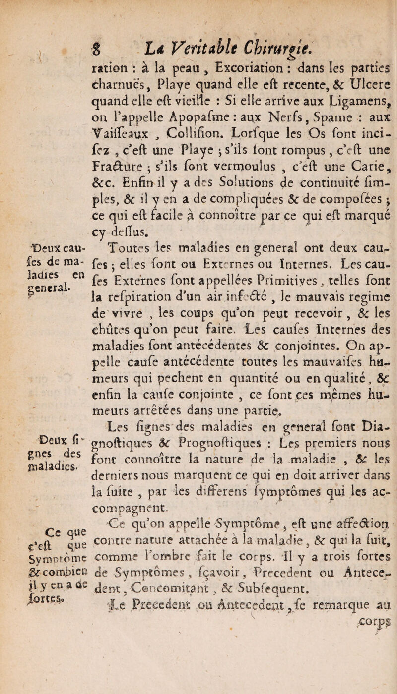 Deux cau- fcs de ma* jadics en general* Deux fî* gnes des liiâUdicS' Ce que ç*eil que SympTomc & conabien y en a ÙC ibree^o 8 Ld Ventdhle Chiturgle. ration : à la peau , Excoriation : dans les parties charnues, Playe quand elle eft recente, & Ulcéré quand elle eft vieille : Si elle arrive aux Ligamens, on rappelle Apopâfmeraux Nerfs, Spamc : aux Yaiffeaux ^ Collillon. Lorfque les Os font inci- fez , c’eft une Playe j s’ils font rompus, c’eft une Fracture ; s’ils font verrnoulus , c’eft une Carie, &€. Enfin il y a des Solutions de continuité fim- ples, 6c il y en a de compliquées 6c de compofées ; ce qui eft facile d connoître par ce qui eft marqué cy dtlTus. Toutes le? maladies en general ont deux eau- fes ; elles font ou Externes ou Internes. Lescau- fes Externes font appeilée? Primitives telles font la refpiration d’un air inf‘â:é , le mauvais régime de vivre , les coups qu’on peut recevoir, ^ les chûtes qu’on peut faire. Les caufes Internes des maladies font antécédentes 6c conjointes. On ap¬ pelle caufe antécédente toutes les mauvaifes hu¬ meurs qui pechent en quantité ou en qualité . 6c enfin la caufe conjointe , ce font ces mêmes hu¬ meurs arrêtées dans une partie. Les fignes des maladies en general font Dia- gnoftiques 6c Prognofliques ; Les premiers nous font connoître la nature de la maladie , 5e les derniers nous marquent ce qui en doit arriver dans la fuite , par les diiFerens fympeomes qui les ac¬ compagnent. Ce qu’on appelle Symptôme, eft une affedion contre nature attachée à la maladie, 6c qui la fuit, comme l’ombre fait le corps, il y a trois fortes de vSymptômes , fçavoir, Precedent ou Antécé¬ dent, Concomitant , 6c Subfequenc. 'Le Precedent ou Antécédent ,fe remarque .au corpi