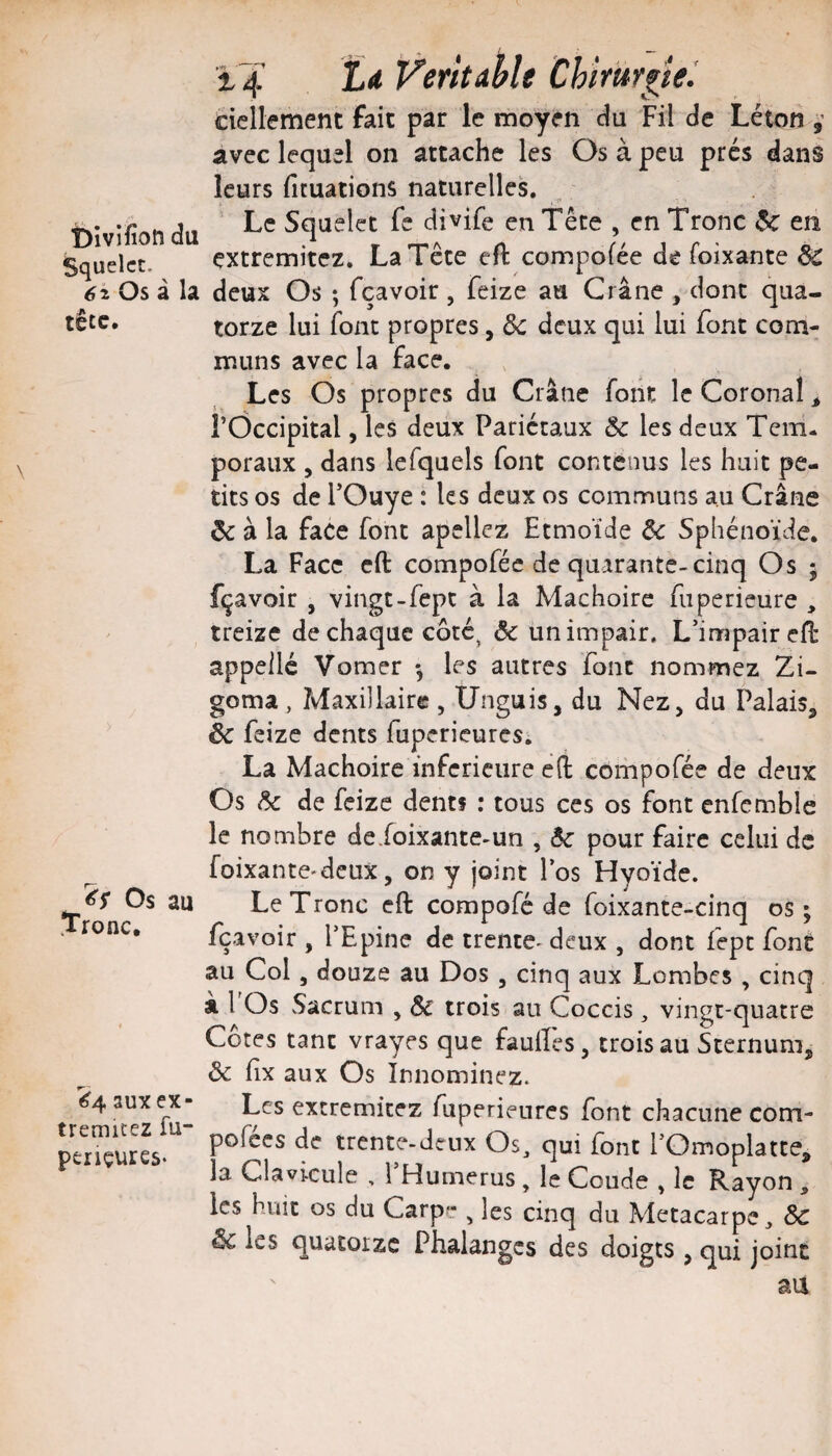 t)Ivifioli du Squelct. ^ 62 Os â la tête. Os au Tronc, 64 3UX ex- tremicez fu- pençures* 14' Lu P’erita^le Chimr^iel ciellement fait par le moyen du Fil de Léton avec lequel on attache les Os à peu prés dans leurs fituations naturelles. Le Squelct fe divife en Tête , en Tronc ^ en extremitez. La Tête efl compofée de foixante deux Os ; fçavoir, feize au Crâne , dont qua¬ torze lui font propres, 3c deux qui lui font com¬ muns avec la face. Les Os propres du Crâne font le Coronal ^ rôccipital, les deux Pariétaux & les deux Tem. poraux 5 dans lefquels font contenus les huit pe¬ tits os de POuye : les deux os communs au Crâne 6c à la face font apellez Etmoïde 6c Sphénoïde. La Face cft compofée de quarante-cinq Os ; fçavoir , vingt-fept à la Mâchoire fuperieure , treize de chaque côté, &c un impair. L’impair efi: appelle Vomer -, les autres font nommez Zi- goma, Ivlaxillaire , Unguis, du Nez, du Palais, 6c feize dents fuperieures. La Mâchoire inferieure ed compofée de deux Os 6c de feize dentî : tous ces os font enfemble le nombre deioixante-un , 5c pour faire celui de foixante*dcux, on y joint l’os Hyoïde. Le Tronc eft compofé de foixante-cinq os ; fçavoir , l’Epine de trente- deux , dont fept font au Col, douze au Dos, cinq aux Lombes , cinq a l Os Sacrum , ôc trois au Coccis, vingt-quatre Côtes tant vrayes que fauilès, trois au Sternum, 6c Ex aux Os Innominez. Les extremitez fuperieures font chacune com- pofecs de trente-deux Os, qui font l’Omoplatte, la Clavicule , 1 Humérus, le Coude , le Rayon , les huit os du Carpe , les cinq du Métacarpe, 6c 6c les quacoizc Phalanges des doigts , qui joint