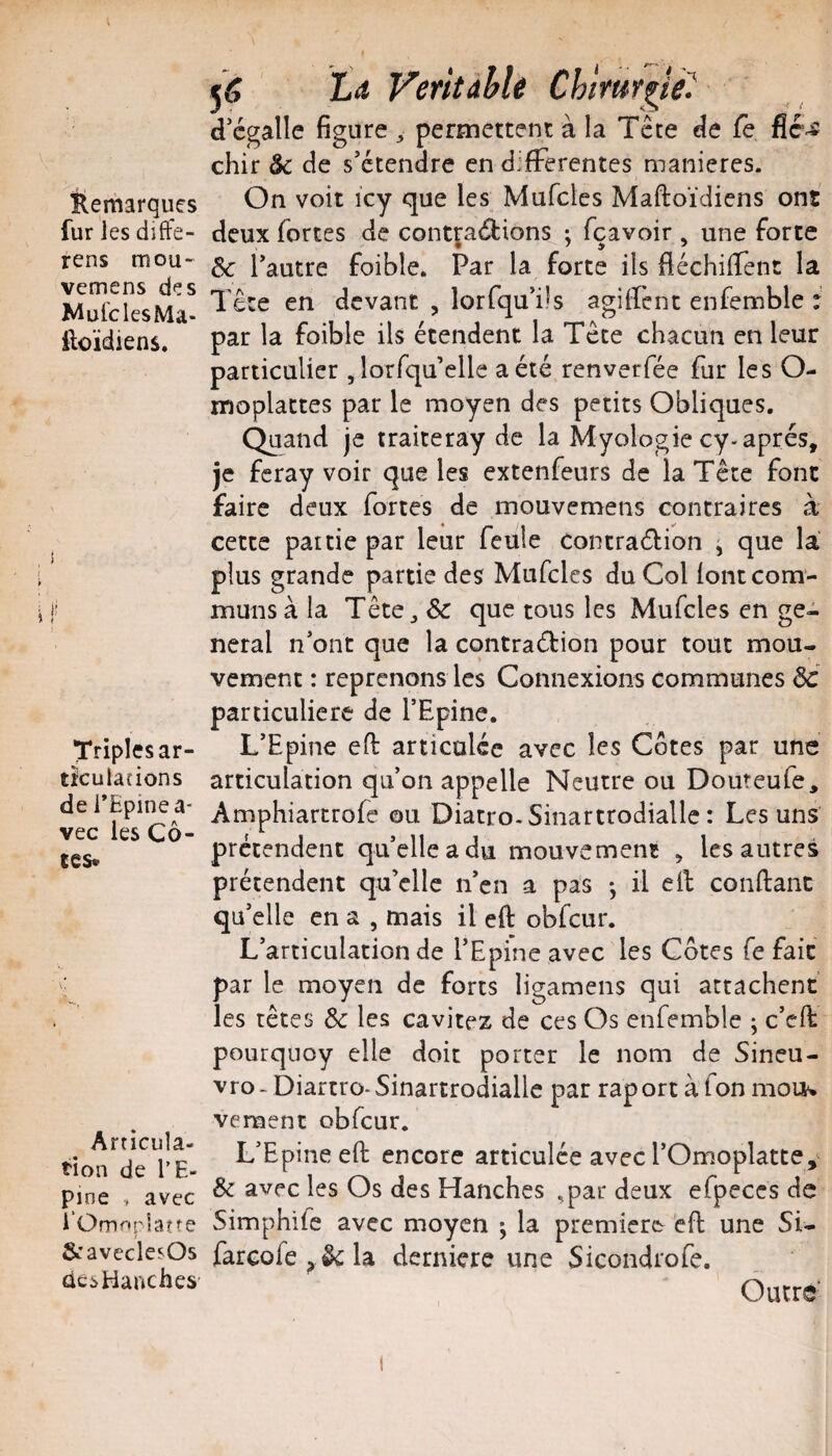 Remarques fur les diffe- rens mou- vemens des Mule les Ma- ftoïdiens. lî Triples ar¬ ticulations de TEpinea- vec les Cô¬ tes* Articula¬ tion de l’E¬ pine , avec i’Omnplaîte SravcclesOs de^ Hanches Ld VerkâhU Chkur^ie^ 'i { d’cgalle figure ^ permettent à la Tête de ie chir & de s’étendre en differentes maniérés. On voit icy que les Mufcles Maftoïdiens ont deux fortes de contça(9:ions ; fçavoir , une forte & l’autre foible. Par la forte ils fléchiffent la Tête en devant , lorfqu’üs agilPent enfemble : par la foible ils étendent la Tête chacun en leur particulier jlorfqu’elle a été renverfée fur les O- moplattes par le moyen des petits Obliques. Quand je traiteray de la Myologie cy-apres, je feray voir que les extenfeurs de la Tête font faire deux fortes de mouvemens contraires à cette paitie par leur feule concraélion ^ que la plus grande partie des Mufcles du Col font com¬ muns à la Tête J & que tous les Mufcles en ge¬ neral n’ont que la cc^ntraétion pour tout mou¬ vement : reprenons les Connexions communes Ôc particulière de l’Epine. L’Epine eft articulée avec les Côtes par une articulation qu’on appelle Neutre ou Douteufe, Amphiarcrofe ou Diatro-Sinartrodiallc : Les uns prétendent qu’elle a du mouvement , les autres prétendent qu’elle n’en a pas *, il ell confiant qu’elle en a , mais il eft obfcur. L’articulation de l’Epine avec les Côtes fe fait par le moyen de forts ligamens qui attachent les têtes & les cavitez de ces Os enfemble ; c’efi pourquoy elle doit porter le nom de Sineu- vro- DiartrO‘Sinartrodialle par raport àfon moiK vement obfcur. L’Epine efi encore articulée avec l’Omoplattey & avec les Os des Hanches ^par deux efpeccs de Simphife avec moyen ; la premiers eft une Si- farcofe^ ^la dernicre une Sicoiidrofe. Outre