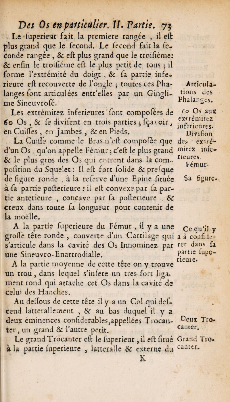 Le 'fuperieur fait la première rangée , il eft plus grand que le fécond. Le fécond fait la fé¬ condé rangée , & eft plus grand que le troifiéme: & enfin le troifiéme eft le plus petit de tous j il forme l’extrémité du doigt , & • fa partie infe¬ rieure eft recouverte de Tongle ; toutes ces Pha- es font articulées cntr’clles par un Gingli- mc Sincuvrofé. Les cxtrémitez inferieures'font compofées de Os , & fe divifent en trois parties j fça\oir ^ en Cuilfes, en Jambes , Sc en Pieds. La Cuilfe comme le Bras n’eft compofée que d’un Os , qu’on appelle Fémur ; c’eft le plus grand & le plus gros des Os qui encrent dans la com^ poficion du Squelct : Il eft fort folide Sc prefque de figure ronde , à la referve d’une Epine ficuée à fa partie pofterieure r il eft convexe par fa par¬ tie anterieure , concave par fa pofterieure , Sc creux dans toute fa longueur pour contenir de la moelle. A la partie fuperieure du Fémur , il y a une grolFc tête ronde , couverte d’un Cartilage qui s’articule dans la cavité des Os Innominez par une Sineuvro-Enartrodialle. A la partie moyenne de cette tete on y trouve un trou , dans lequel s’infere un très-fort liga¬ ment rond qui attache cet Os dans la cavité de celui des Hanches. Au deftous de cette tête il y a un Col qui def- cend latterallement , Sc au bas duquel il y a deux éminences confiderables,appellécs Trocan- ter, un grand Sc l’autre petit. Le grand Trocanter eft le fuperieur ,11 eft fituc à la partie lupericurc , latceralle Sc externe du K Articula¬ tions des Phalanges. Co Os aux ext ré mirez inferieures. Divifioii des ex^ré- mitez infe¬ rieures. Fémur. Sa figure- Ce qu’il y a â confi ie * rer dans fa partie fupe- rieuie^ Deux Tro¬ canter. Grand Tro¬ canter*
