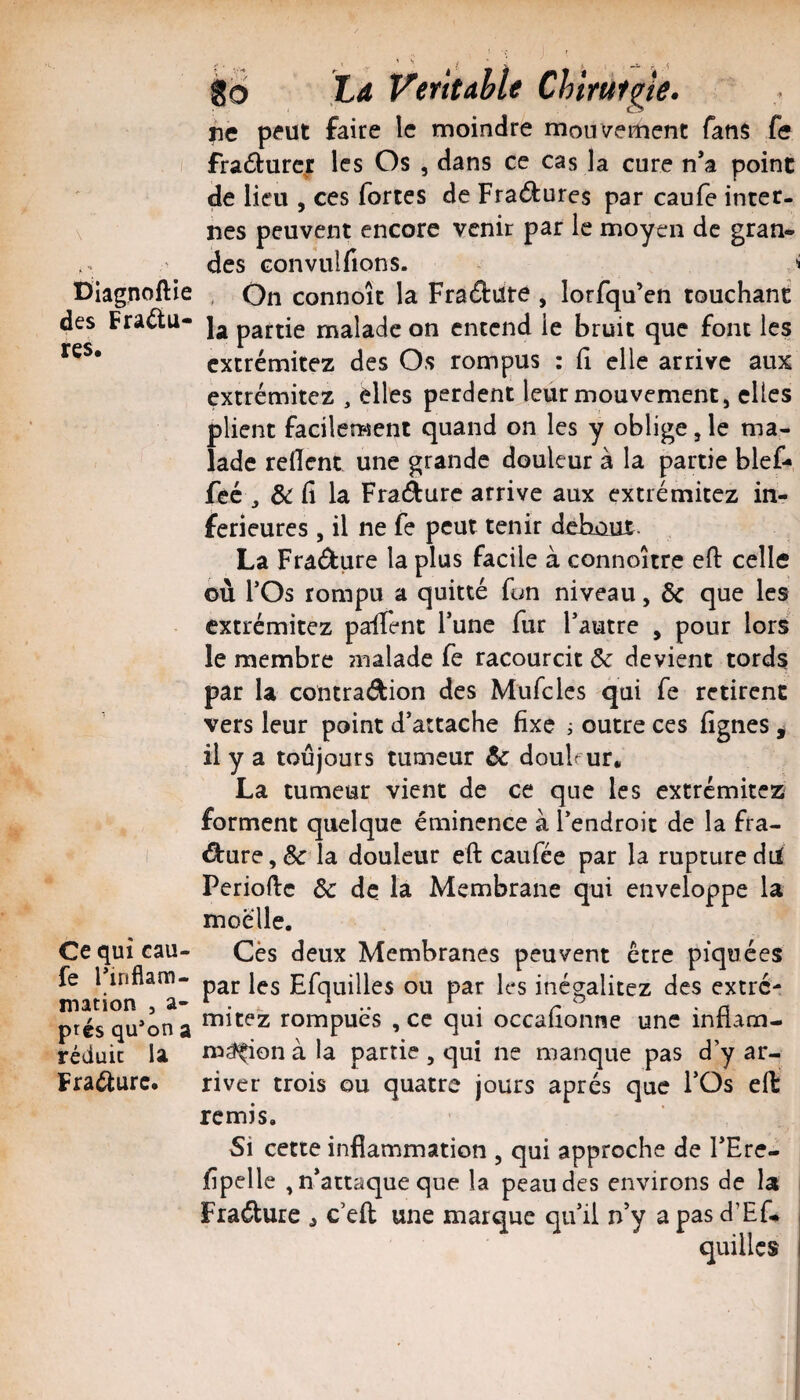 86 Xa Verltahle Chtrufgle. ne p^ut faire le moindre mouvement fans fe . I fradturc^r les Os , dans ce cas la cure n’a point de lieu , ces fortes de Fraâ:ures par caufe inter- \ nés peuvent encore venir par le moyen de gran¬ des Gonvul fions. Diagnoftie , Qn connoît la Fraftiite , lorfqu’en touchant des Fra^u- partie malade on entend ie bruit que font les cxtrémitez des Os rompus : fi elle arrive aux extrémitez , elles perdent leur mouvement, clics plient facilement quand on les y oblige, le ma¬ lade relient une grande douleur à la partie bief-, fcc J & lî la Fraàure arrive aux extrémitez in¬ ferieures , il ne fe peut tenir debout. La Fraéture la plus facile à connoître cfl: celle où rOs rompu a quitté fun niveau, Ôc que les extrémitez pafTent Fune fur Fautre , pour lors le membre malade fe racourcit 3c devient tords par la contradion des Mufcles qui fe retirent vers leur point d’attache fixe i outre ces fignes ^ il y a toujours tumeur ôc doulfur. La tumeur vient de ce que les extrémitez forment quelque éminence à l’endroit de la fra- d:ure, & la douleur eft caufée par la rupture du Periofte ôc de la Membrane qui enveloppe la moelle. Ce qui cau¬ fe Finflam- mation , a- ptés qu*on a réduit la Fraélure. Cès deux Membranes peuvent être piquées par les Efquilles ou par les inégalitez des extre- mitez rompues , ce qui occafionne une infiam- m^on à la partie , qui ne manque pas d’y ar¬ river trois ou quatre jours après que FOs elt remis. Si cette inflammation , qui approche de FEre- jfîpelle , n’attaque que la peau des environs de la ! Fradure j c’eft une marque qu’il n’y a pas d’Ef* quilles