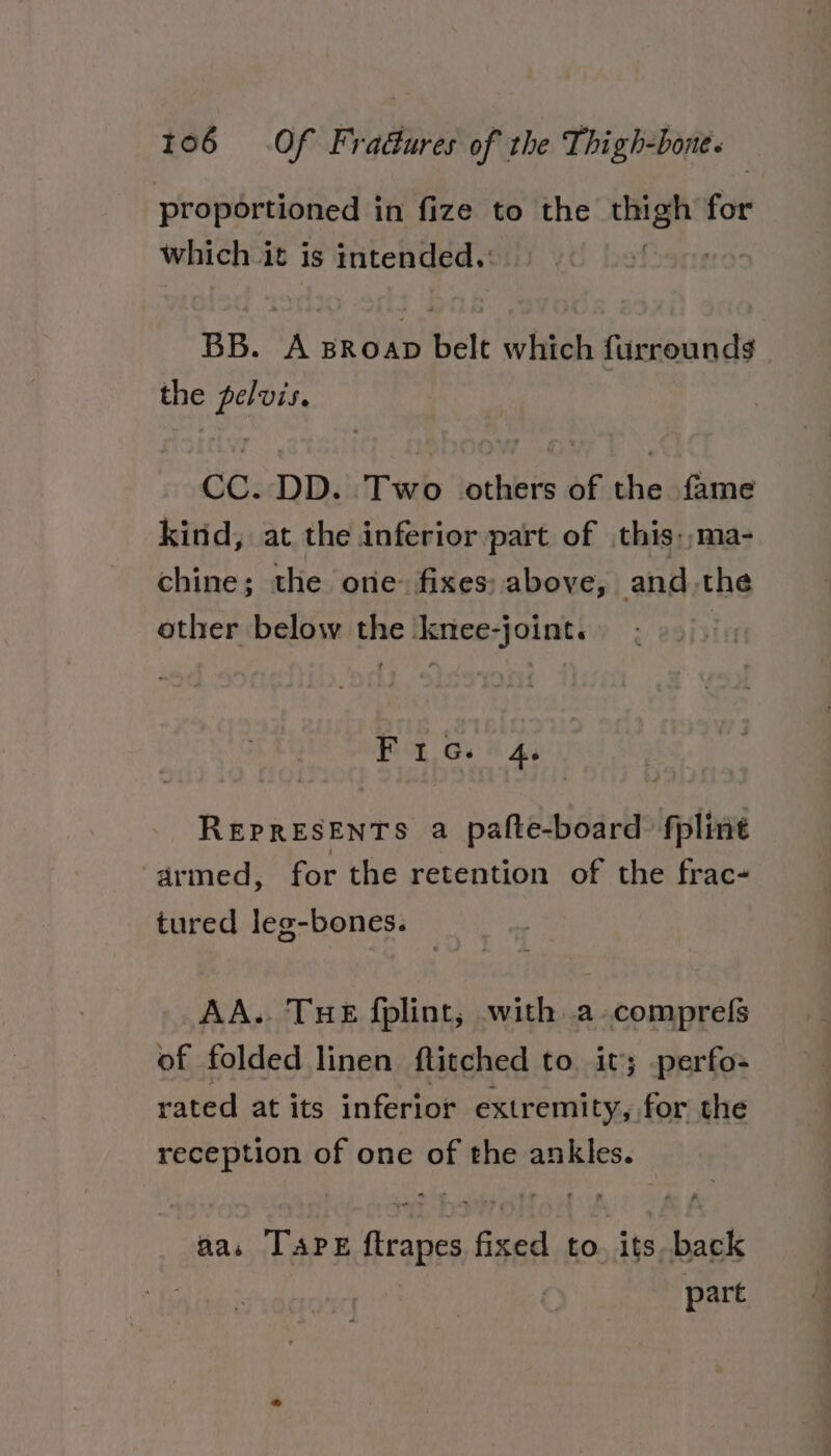 proportioned in fize to the ay for which it is intended. BB. A sRoap belt which furrounds the Regt cc. DD. Tub ohio of the fame kind, at the inferior part of this:,ma- chine; the one: fixes: above, andthe other below the knee-joint. Bo G4 Ai Revarsente a pafte-board fpline armed, for the retention of the frac- tured leg-bones. AA. THE fplint, with a-comprefs of folded linen ftitched to it; -perfo- rated at its inferior extremity, for the reception of one of the ankles. aa, Tare rapes 6 Ged to. its back part