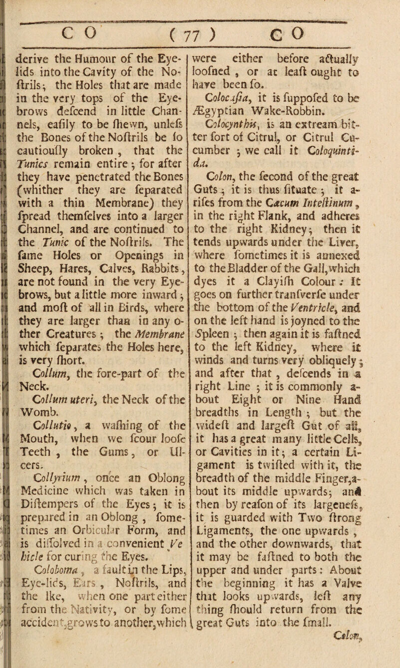 derive the Humour of the Eye¬ lids into the Cavity of the No- llrils; the Holes that are made in the very tops of the Eye¬ brows deifeend in little Chan¬ nels, eafily to be fhewn, unlefs the Bones of the Noflrils be lo cautioufly broken , that the Tunics remain entire ; for after they have penetrated the Bones (whither they are feparated with a thin Membrane) they fpread themfelves into a larger Channel, and are continued to the Tunic of the Nollrils. The fame Holes or Openings in Sheep, Hares, Calves, Rabbits, are not found in the very Eye¬ brows, but a little more inward ; and molt of all in Birds, where they are larger than in any o- ther Creatures ; the Membrane which feparates the Holes here, is very fhort. Collum, the fore-part of the Neck. Collum uteri, the Neck of the Womb. Collutiv, a walking of the Mouth, when we fcour loofe Teeth , the Gums, or Ul¬ cers. Collynum, once an Oblong Medicine which was taken in Diftempers of the Eyes; it is prepared in an Oblong , fome- times an Orbicular Form, and is diifolved in a convenient Ve hide for curing the Eyes. Coloboma y a faultm the Lips, Eye-lids, Ears , Nollrils, and the Ike, when one part either from the Nativity, or by feme accident grows to another,which were either before a&ually loofned , or ac leaf! ought to hare beenfo. Colocafia, it is fuppofed to be ^Egyptian Wake-Robbin. Colocyntlns, is an extream bit¬ ter fort of Citrul, or Ci trul Cu¬ cumber ; we call it Coloqumtz- da. Co lorn the fecond of the great Guts.; it is thus fituate ; it a- rifes from the Cacum Inteliinum, in the right Flank, and adheres to the right Kidney; then it tends upwards under the Liver, where fometimes it is annexed to the Bladder of the Gall, which dyes it a Clayifh Colour .* It goes on further tranfverfe under the bottom of the Ventricle, and on the left hand is joyned to the ■Spleen ; then again it is faftned to the left Kidney, where it winds and turns very obliquely$ and after that, defeends in a right Line ; it is commonly a» bout Eight or Nine Hand breadths in Length ; but the wide!! and largell Gut of all, it has a great many little Cells, or Cavities in it; a certain Li¬ gament is twilled with it, the breadth of the middle Finger,a~ bout its middle upwards; ani then by rcafon of its Jargenefs, it is guarded with Two Itrong Ligaments, the one upwards , and the other downwards, that it may be fa lined to both the upper and under parts: About the beginning it has a Valve that looks upwards, lefl any thing fhould return from the great Guts into the fmalL C*fW,