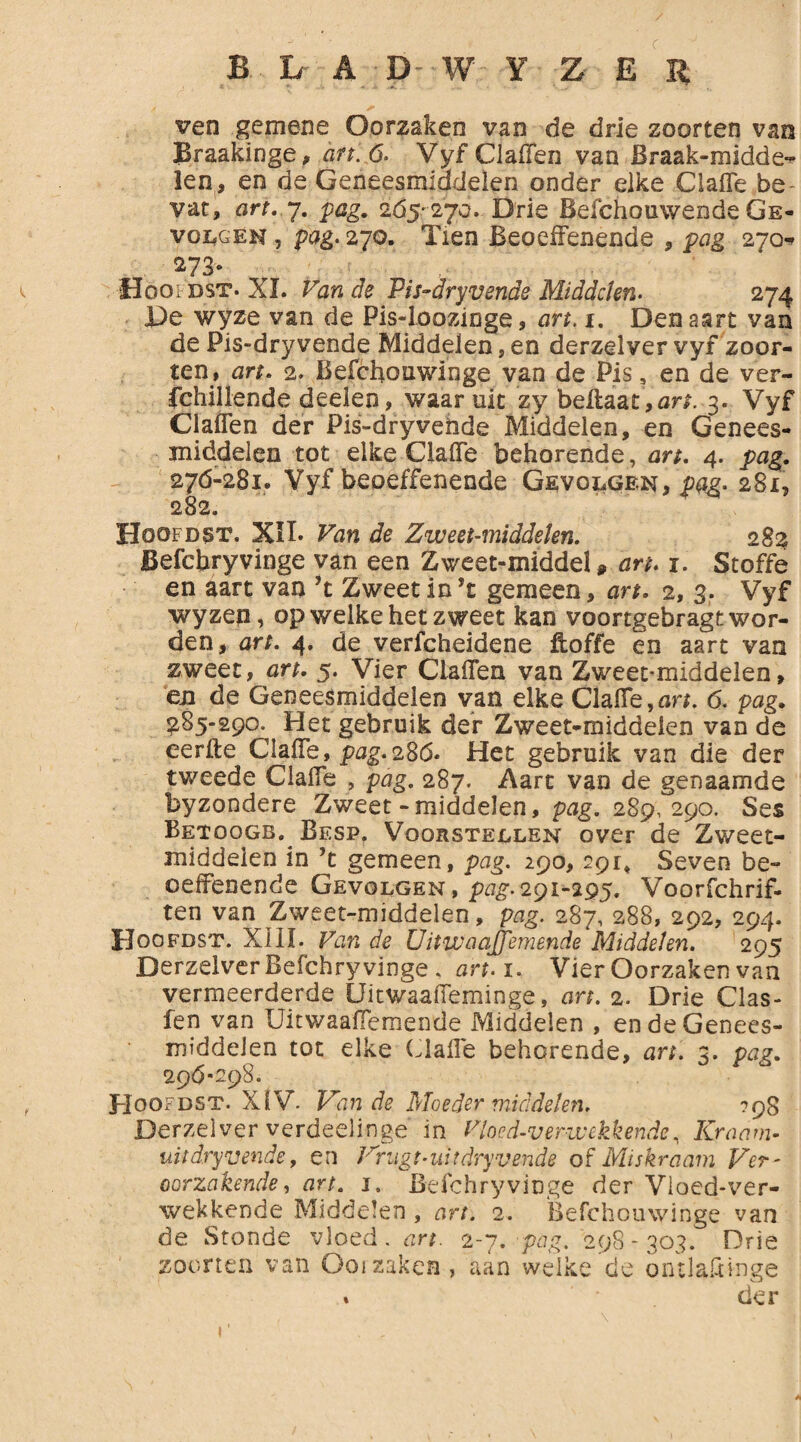 ven gemene Oorzaken van de drie zoorten van Braakinge, art. 6. Vyf Claffen van Braak-midde^- len, en de Geneesmiddelen onder elke ClalTe be vat, art. 7. pag. 265*270. Drie Befchouwende Ge¬ volgen , pag. 270. Tien Beoeffenende , pag 270* 273» . . . Hooi dst- XI. Van de Pis-dryyende Middelen. 274 De wyze van de Pis-loozinge, art. 1. Den aart van de Pis-dryvende Middelen, en derzelver vyf zoor¬ ten, art. 2. Befcbouwinge van de Pis, en de ver- fchillende deeien, waaruit zy beffaat,örL 3. Vyf Claffen der Pis-dry veilde Middelen, en Genees¬ middelen tot elke Claffe behorende, art. 4. pag. 276-281* Vyf beoeffenende Gevolgen, pag* 281, 282. Hoofdst. XII* Van de Zweetmiddelen. 282 Befcbryvinge van een Zweet-middel» art. 1. Stoffe en aart van ’t Zweet in’t gemeen, art. 2, 3. Vyf wyzen, op welke het zweet kan voortgebragt wor¬ den, art. 4. de verlcheidene ftoffe en aart van zweet, art. 5. Vier Claffen van Zweet-middeien, en de Geneesmiddelen van elke Claffe,art. 6. pag. 285-290. Het gebruik der Zweet-middeien van de eerfte Claffe, pag.<i%6. Het gebruik van die der tweede Claffe , pag. 287. Aart van de genaamde byzondere Zweet - middelen, pag. 289, 290. Ses Betoogb. Besp. Voorstellen over de Zweet- middeien in ’t gemeen, pag. 290,291* Seven be¬ oeffenende Gevolgen, pag.291-295. Voorschrif¬ ten van Zweet-middeien, pag. 287, 288, 292, 294. Hoofbst. XIII. Van de UitwaaJJ'emende Middelen. 295 Derzelver Befcbryvinge , art. 1. Vier Oorzaken van vermeerderde Uitwaaffeminge, art. 2. Drie Clas- fen van Uitwaaffemende Middelen , en de Genees¬ middelen tot elke Claffe beherende, art. 3. pag. 296*298. Hoofdst. XIV. Van de Moeder middelen. 798 Derzelver verdeelinge in Vlocd-v er wekkende, Kraam- uit dry vende, en Vrugtuit dry vende of Miskraam Ver' oorzakende, art. 1, Bcfchryvinge der Vloed-ver- wekkende Middelen , art. 2. Befehouwinge van de Stonde vloed. art. 2-7. pag. 298-303. Drie zoorten van Ooi zaken , aan welke de onilaülnge