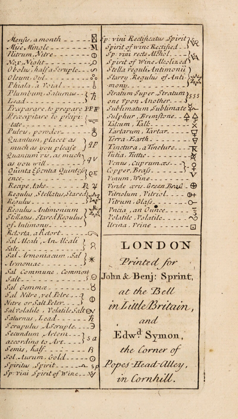 ALerdis, a month --f^l Atise,. 'Winqle —--N. 7It trurn , Litre --(D Nop, Lip ht--JD 0 bolus, half a Scruple-on Oleum / Oifl-.--o°o Tluala, a Venal--A 7?hi mb tun / Sa him us- /reeparare,to prepare TF]p 77rreeipitare to prcipi: (_ Pate- - ----- ^ 77ulns, p e nroler~-^ fjianlu/n, placet as \nri much as i/'eru pleafe J ^ Quantum ris, as much-\ „ ,, •// as i/em mil-. - -y Quinta Efentia Qjnnte/si ^ ence- - - -_~ ~ - >v Leapt, tale- - - - — If A Lean lus , * lbell i tus, *> 7a re el[Ls? Mean ha_- . . Lie a ulus, Inluneniu in f pfZ Stella tus, Stared'Rea ulus > of. inli/noni/- ---) Retorta, a Keterrt- - - - _ _G^ SalAleah ,. In. lie ah } n Salt- -_ S O' Sal Imioniacum ,Sal ) ^ j. f >K ~ tr/nemiac - ) SaL Co annum , Comment Salt- S--f £> Sal Ce/nniec - 1 -^ Sod Nitre pel JLclre .,--1 *. Litre or Salt Jfe belt-> Sal Volatile , VolatileSa/t&t Saturn us , 7 cad- - - - __Li Sera pul us ,otSei'uple- - - S3 Sietundum alrteiit_i aecarol in a to .Art-_S Semis, /ialf-_* -__ f] Se>l’,durum, Sold_Q Spiritas , Spirit_-a_ s p Sp ■ 7 'ihi Spirit ofIV i nct- -\y Ip: vtni Leetifcahis .Spirit$ Spirit of nanc TLedifi ed - - Sp: n/n rests Ale ho l_ Spint erf Wine Alcotis, ed > Stella reef nhdntunonn Stain/ .Lee]ulus erf Anti ■mom/__ _ .-- %s Stratum Super,Stratum f p one Vperri Another-) Subltmatiun S'liblmzate Sulphur , Lhtmfterrie- _ A A talcum , dalle— _ --y tar tar um , Tartar-O Lena ,LZarth --y 'Tinetnra , a Tin eh ire_ Tiiha, Jirttie - _- 7'en us , Cup rum,era-Y q Copper, Brafs-Vf I'm it m ,1 Vine--- Vinde ecris- Crxssz Jlrajl - ® Vitnolurn , Vitmo l- — - 1 itrtun ,■ Clafs__O— 0 Vneia , ail Ounce_^ Volatile , Volatile_Y9 llnna , Trine --q LOND OIST dPn/ttecC /tv*' Jolm ^ Benj: SprirLt, tz£ t/ic j/3 ed/ mZUt/e/Brt/atdv, ant/ i i V Symon, l/lc dctmer of -Perused d/e a d~flh/yy, IAL Co rn /iM.