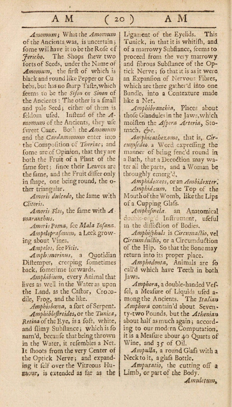 Amomum\ What the Amomum of the Ancients was, is uncertain; fome will have it to be the Rofe cf Jericho. The Shops fhew two Torts of Seeds, under the Name of Amomum, the firft of which is black and round like Pepper or Cu bebs,but has no fharp Tafle,which feems to be the Sifon or Sinon of the Ancients: The other is a fmall and pale Seed; either of them is feldom ufed. In (lead of the A- tnomum of the Ancients, they ufe fweet Cane. Both the Amomum and the Cardamomum enter into the Compofition of Theriaci and fome are of Opinion, that they are both the Fruit of a Plant of the fame fort; fince their Leaves are the lame, and the Fruit differ only in fhape, one being round, the o- ther triangular. Amoris dulcedo, the fame with Clitoris. Amoris Flos, the fame with A maranthus. Amoris Foma, fee Mala Inf ana. Ampeloprafinum, a Leek grow¬ ing about Vines. Ampelos, fee Vi sis. Amphsmerinus, a Quotidian Diiiemper, creeping fometimes ' back, fometime forwards. Amphibium, every Animal that lives as well in the Water as upon the Land, as the Caftor, Croco¬ dile, Frog, and the like. Ampkisbaena, a fort of Serpent. Amphiblefircides, or the Tunica, Retina of the Eye, is a foft, white, and (limy Subfiance; which is fo nam’d, becaufe that being thrown in the Water, it refembles a Net. It (hoots from the very Center of the Optick Nerve; and expand¬ ing it felf over the Vitreous Hu- £40ur, is extended as far as the Ligament of the Eyelids. This Tunick, in that it is whitifh, and of a marrowy Subftance, feems to proceed from the very marrowy and fibrous Sub fiance of the Op- tick Nerve; fo that it is as it were an Expanfion of Nervous Fibres, which are there gather’d ifito one Bundle, into a Contexture made like a Net. Amphibranch)a, Places about thofe Glandules in the Jaws,wh:ch moiflen the Afpera Arteritiy Sto¬ mach, (jjpe. Amphicathezome, that is, Cir« cuipfedeo- a Word expreffing the manner of being fenc’d round in a Bath, that a Deco&ion may wa¬ ter all the parts, and a Woman be throughly emerg’d, Amphidexeos, or an Ambidexter Amphid&um, the Top of the Mouth of the Womb, like the Lips of a Cupping Glafs. Amphifmela an Anatomical doubu-e -G Inflrument, ufeful in the diiledtion of Bodies. Amphifphals is Circumaclio, vel Circumduclio, or a Circumdudlion of the Hip. So that the Bone may return into its proper place. Amphodonta, Animals are fo call’d which have Teeth in both Jaws. Amphora, a double-handed VeA fel, a Meafure of Liquids ufed a- mong the Ancients. The Italian Amphora contain’d about Severn ty-two Pounds, but the Athenian about half as much again; accord¬ ing to our modern Computation, it is a Meafure abour 40 Quarts of Wine, and 35- of Oil. Ampulla, a round Glafs with a Neck to it, a glafs Bottle. Amputatio, the cutting off a Limb, or part of the Body. A wale turn*